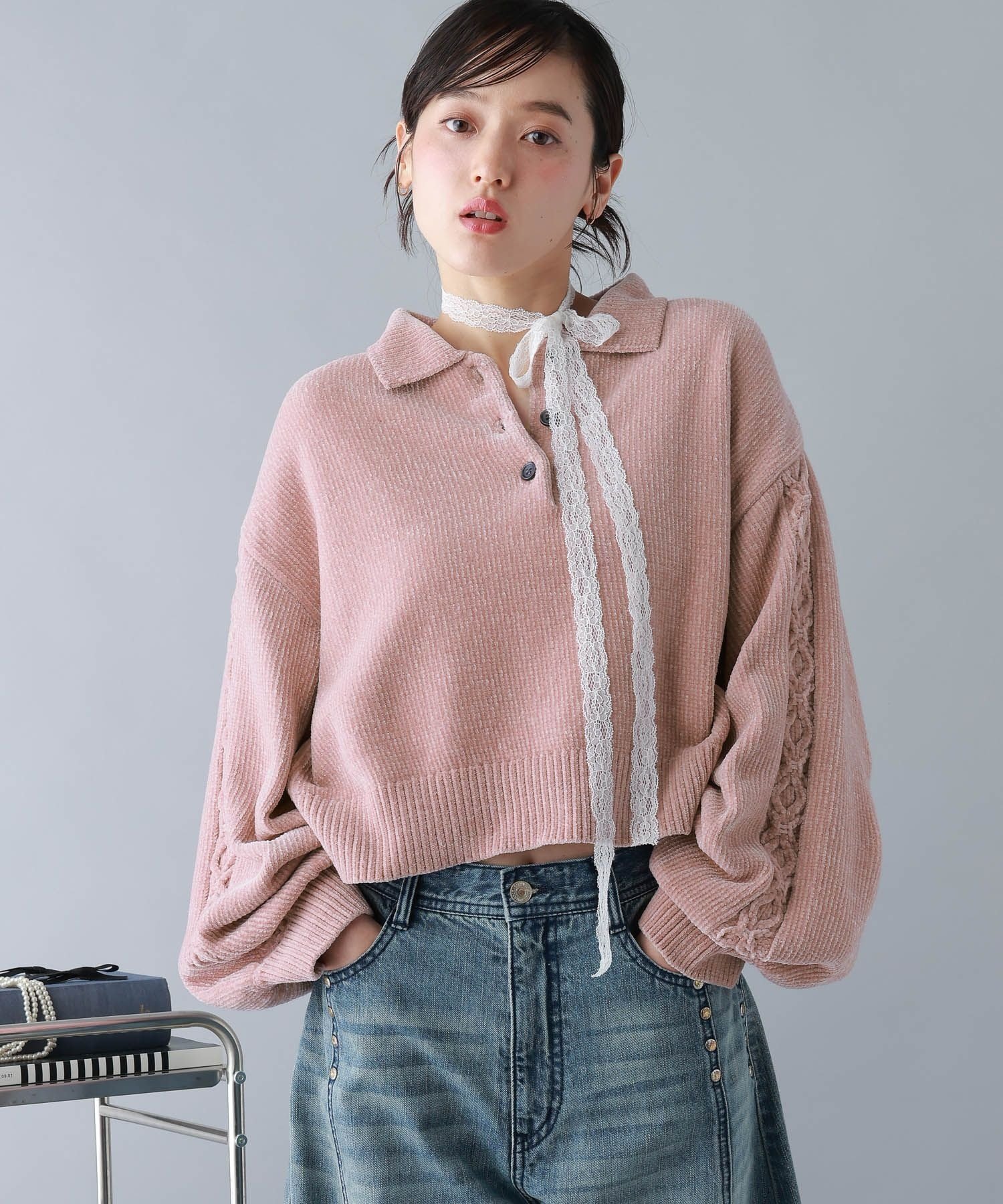 RAGEBLUE 【WOMENS】ボリュームスリーブ袖デザインモールポロニット レイジブルー トップス ニット イエロー ホワイト グレー ピンク ネイビー