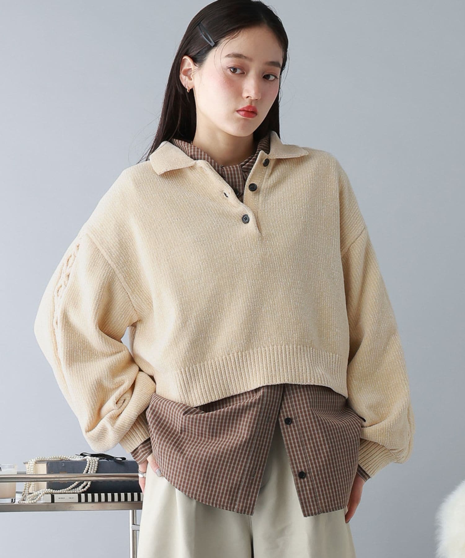 RAGEBLUE 【WOMENS】ボリュームスリーブ袖デザインモールポロニット レイジブルー トップス ニット イエロー ホワイト グレー ピンク ネイビー