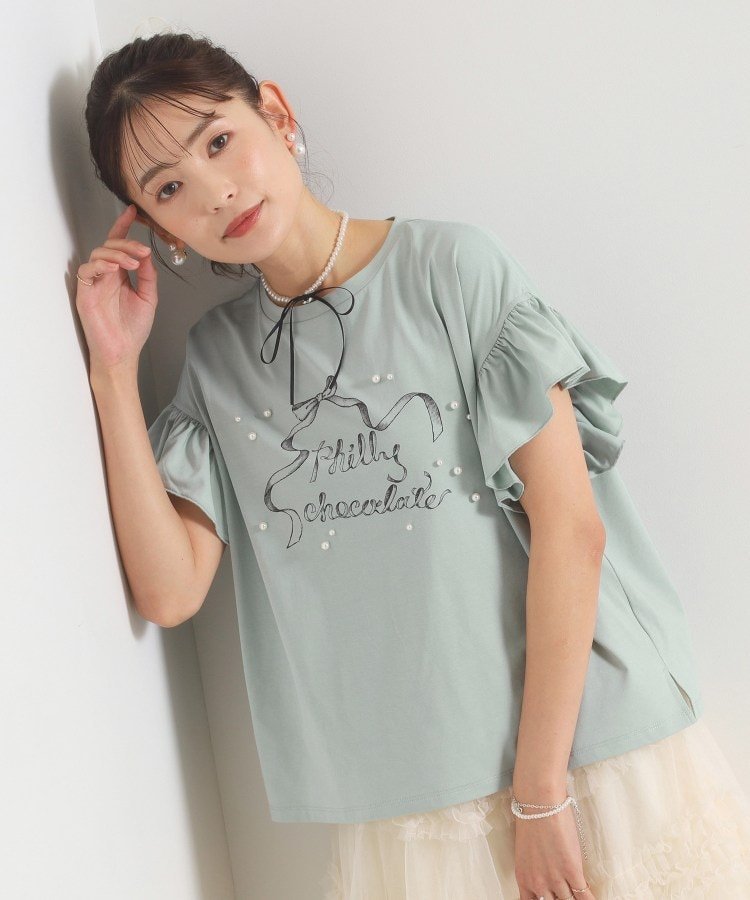 ITS' DEMO ＜Philly chocolateコラボ＞リボンTシャツ イッツデモ トップス カットソー・Tシャツ グリーン ピンク