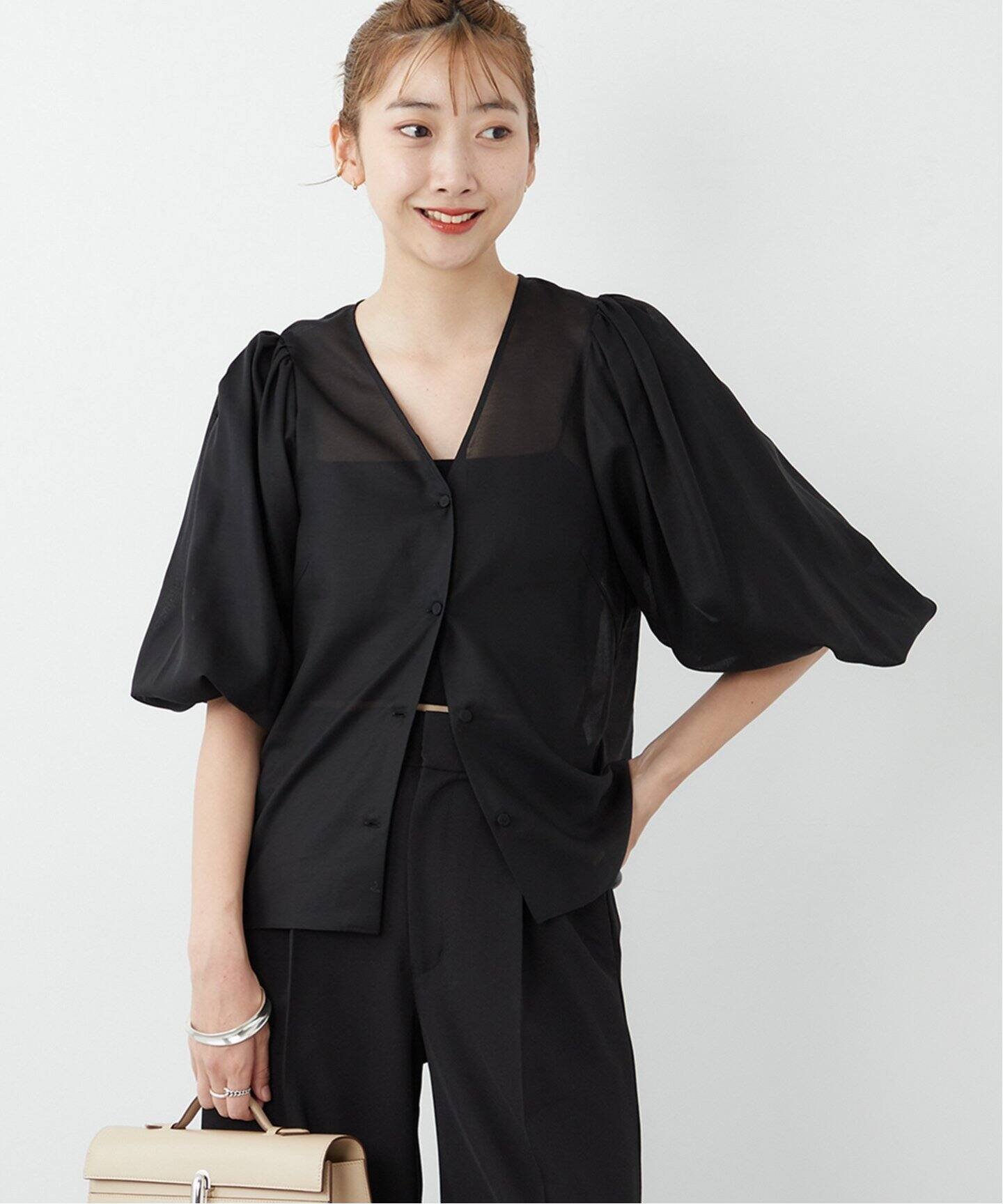 plage Sheer ギャザースリーブブラウス プラージュ トップス シャツ・ブラウス ブラック ホワイト【送料無料】のサムネイル