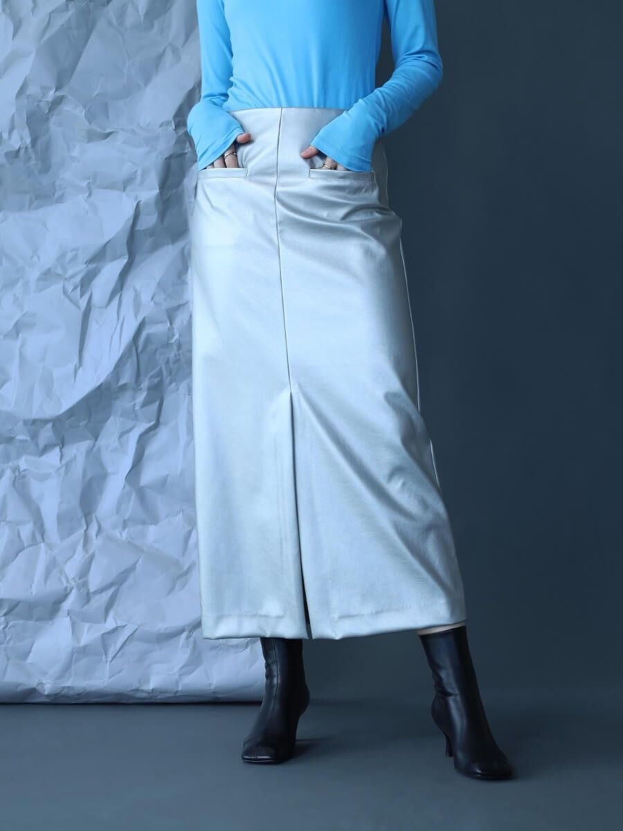 【SALE／33%OFF】LASUD シンセティックレザースカート ラシュッド スカート ロング・マキシスカート シルバー【送料無料】のサムネイル