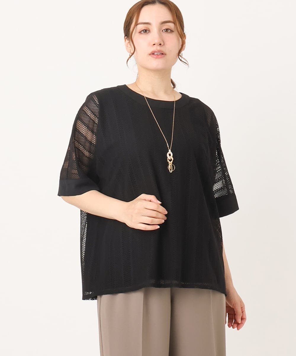 【大きいサイズ/a.v.v*eur3】幾何レースレイヤードトップス エウルキューブ トップス カットソー・Tシャツ ブラック ホワイト