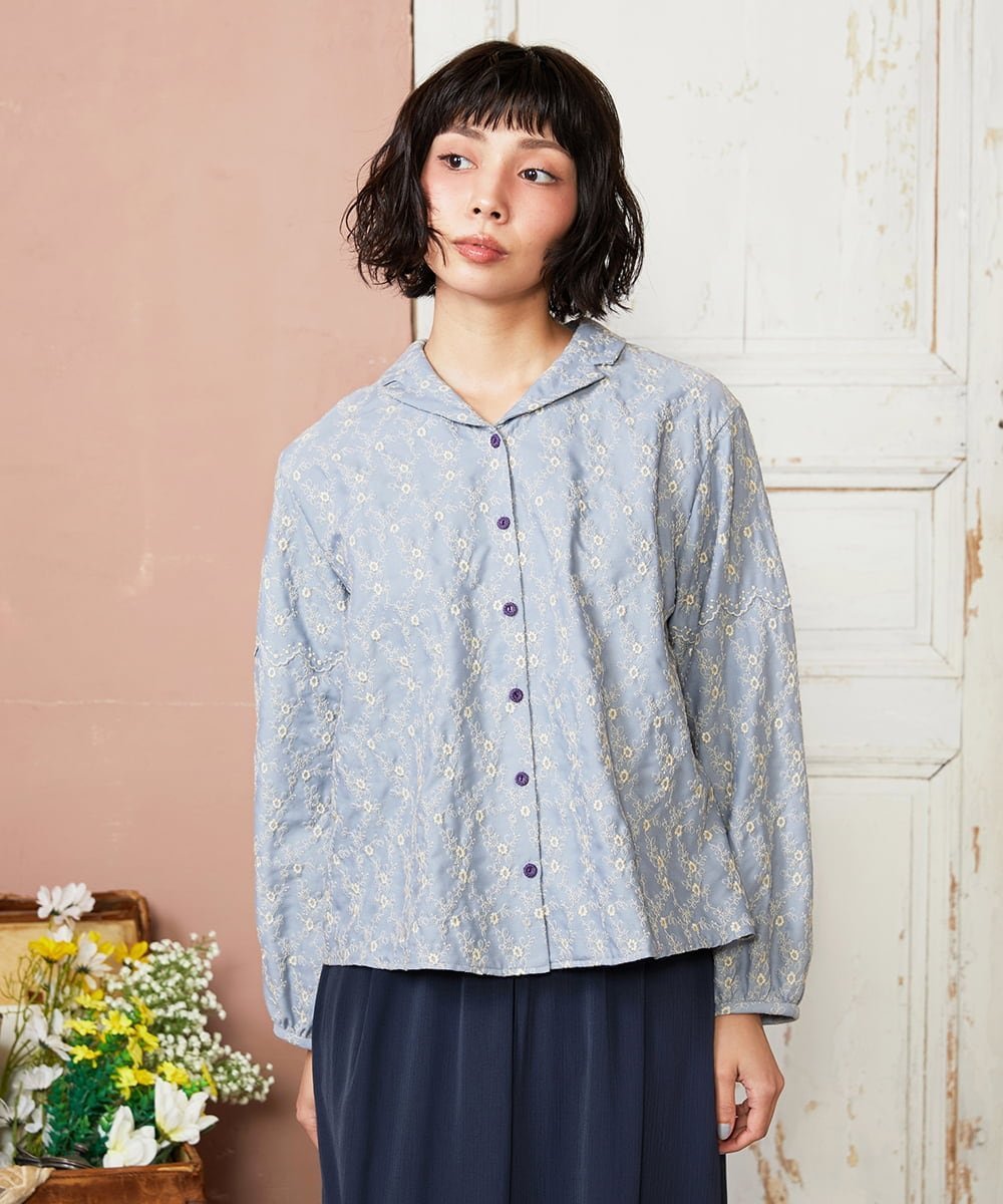 Jocomomola フラワースカラップ総刺繍ブラウス ホコモモラ トップス シャツ・ブラウス ブラック