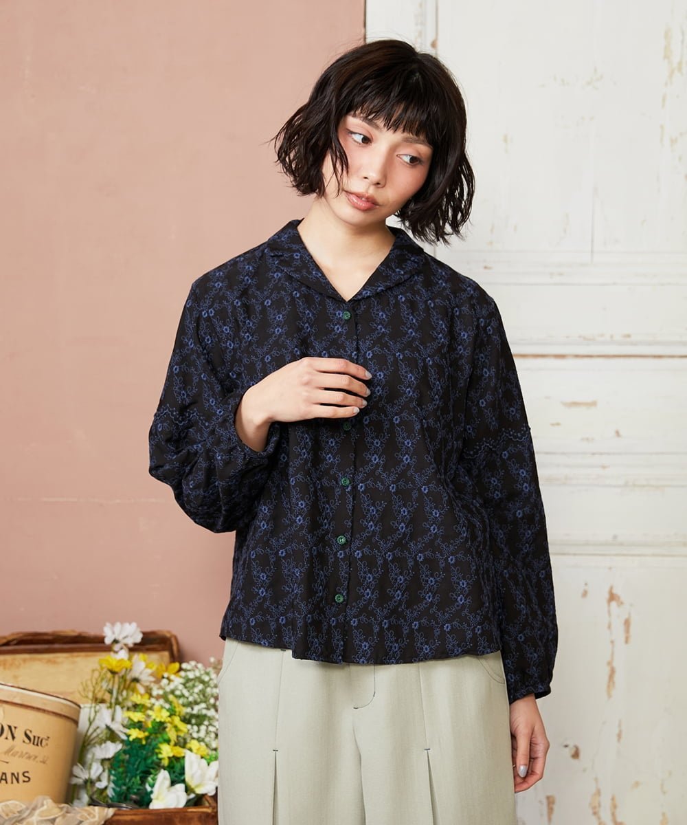Jocomomola フラワースカラップ総刺繍ブラウス ホコモモラ トップス シャツ・ブラウス ブラック