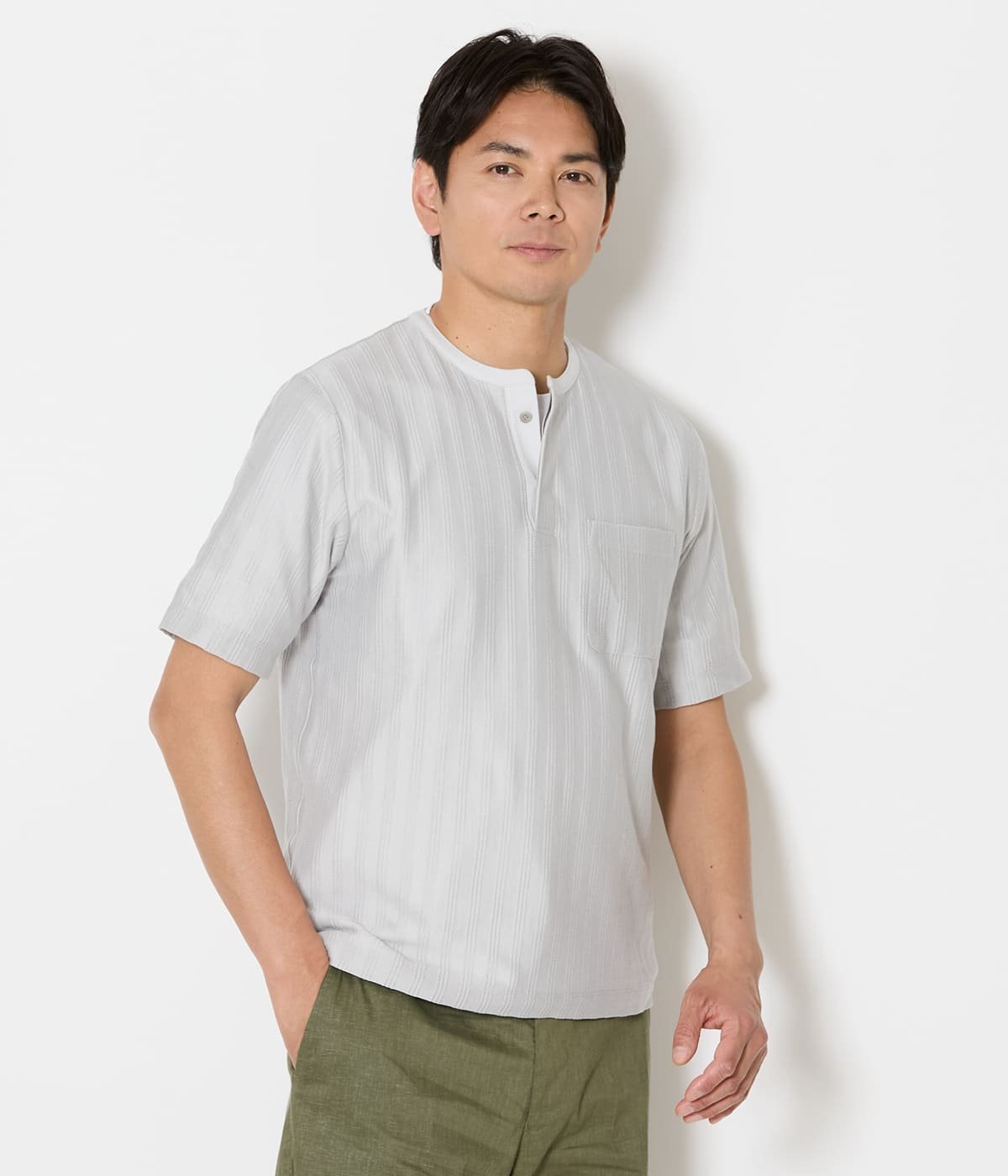 NEWYORKER MEN ジャカードストライプ ヘンリーネック Tシャツ ニューヨーカー トップス カットソー・Tシャツ ネイビー