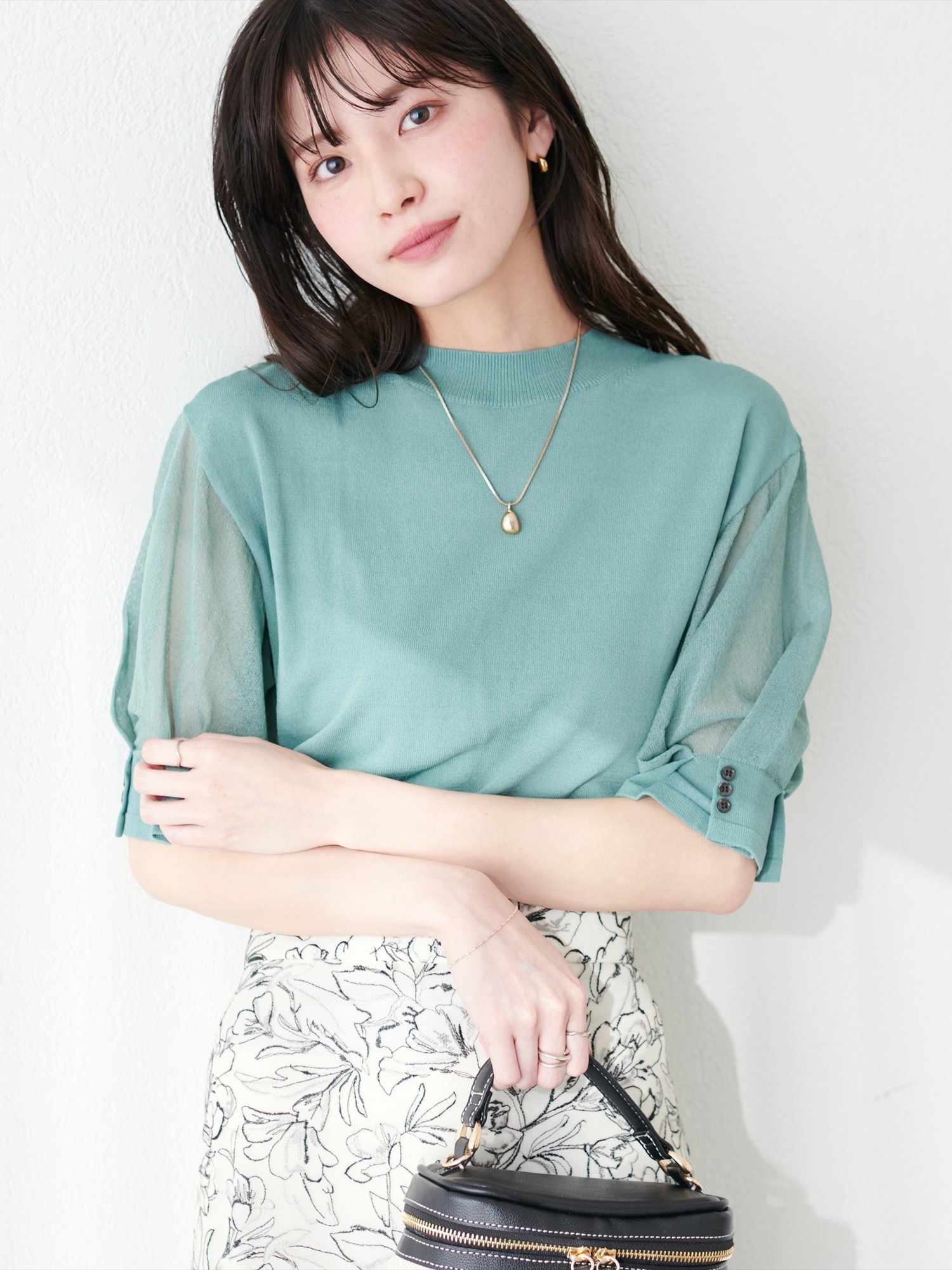 natural couture 【WEB限定】袖シアー強撚ニット ナチュラルクチュール トップス ニット グリーン ホワイト グレー ブラック パープル ブルー