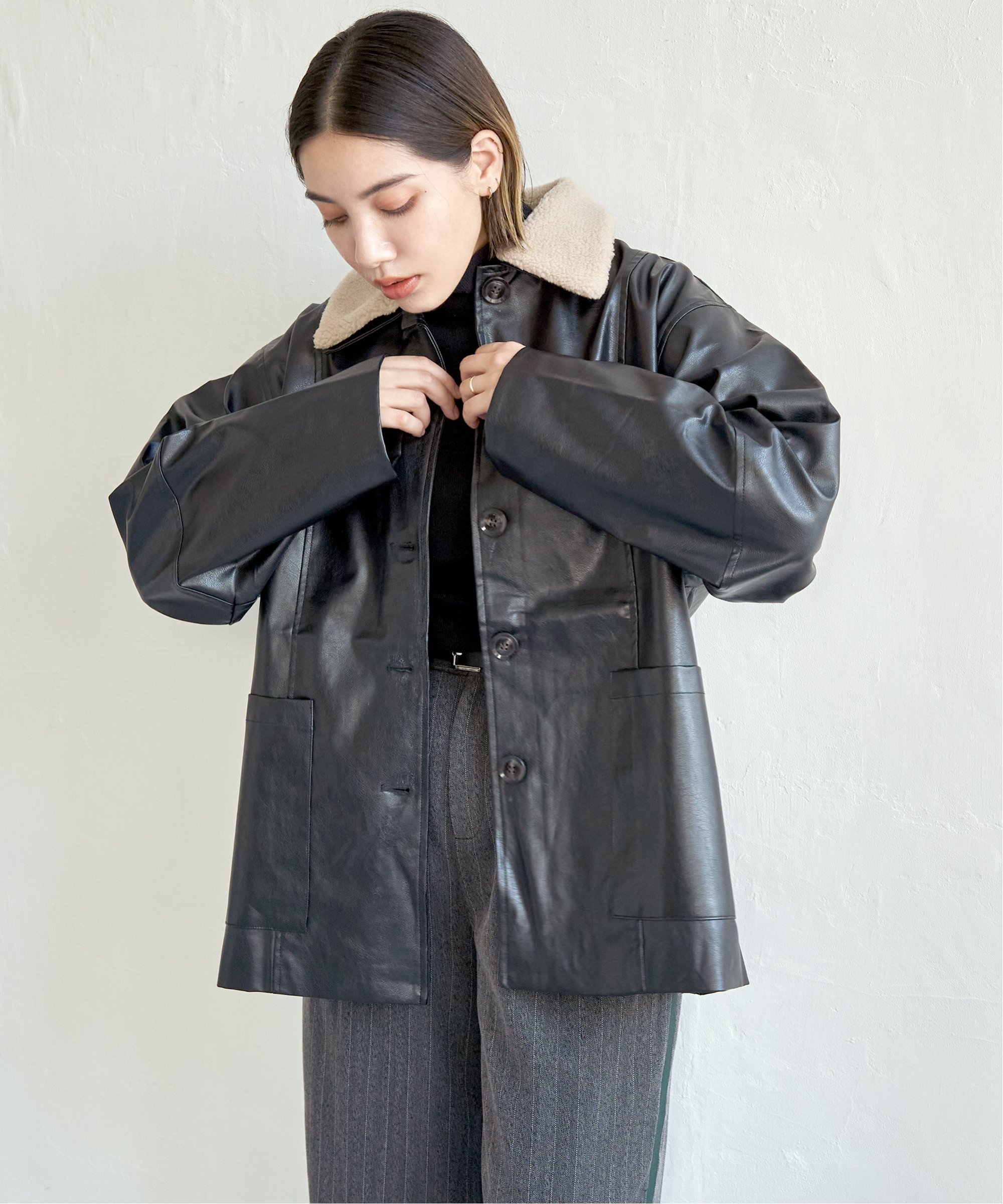 【SALE／25%OFF】notch. 襟ボア合皮ジャケット ノッチ ジャケット・アウター その他のジャケット・アウター カーキグリーン ブラウン ブラック【送料無料】