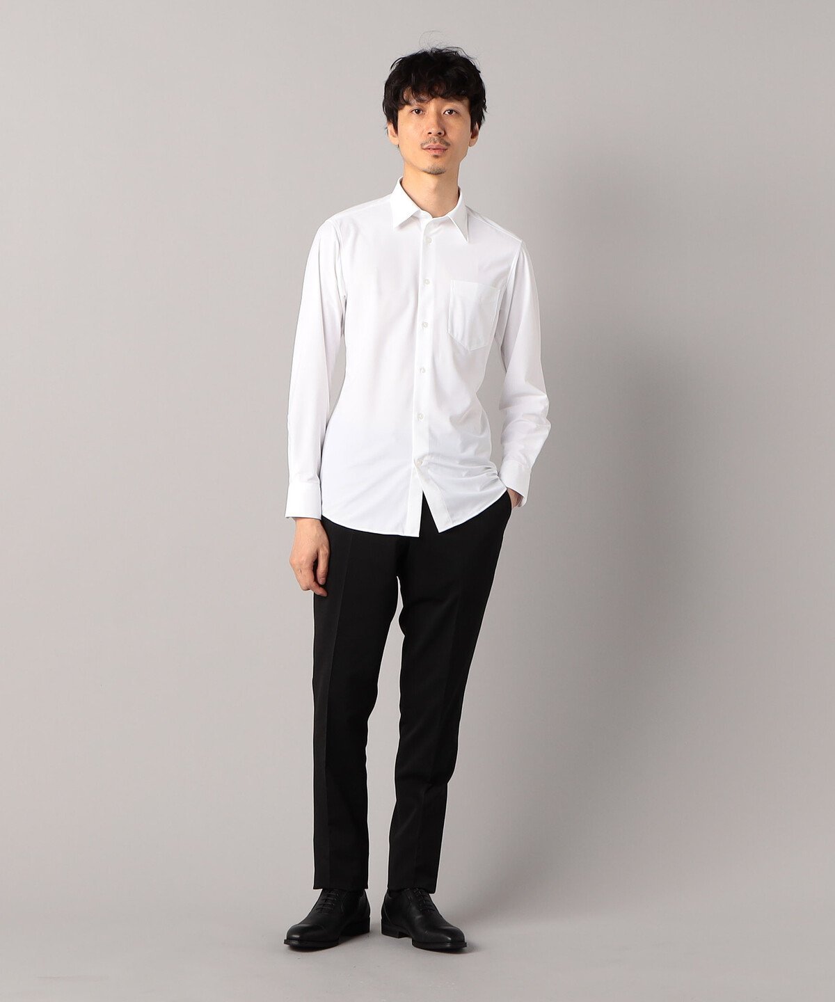 【吸水速乾】トリコット カルゼ SLIM MODEL レギュラーカラーシャツ コムサメン トップス シャツ・ブラウス ホワイト