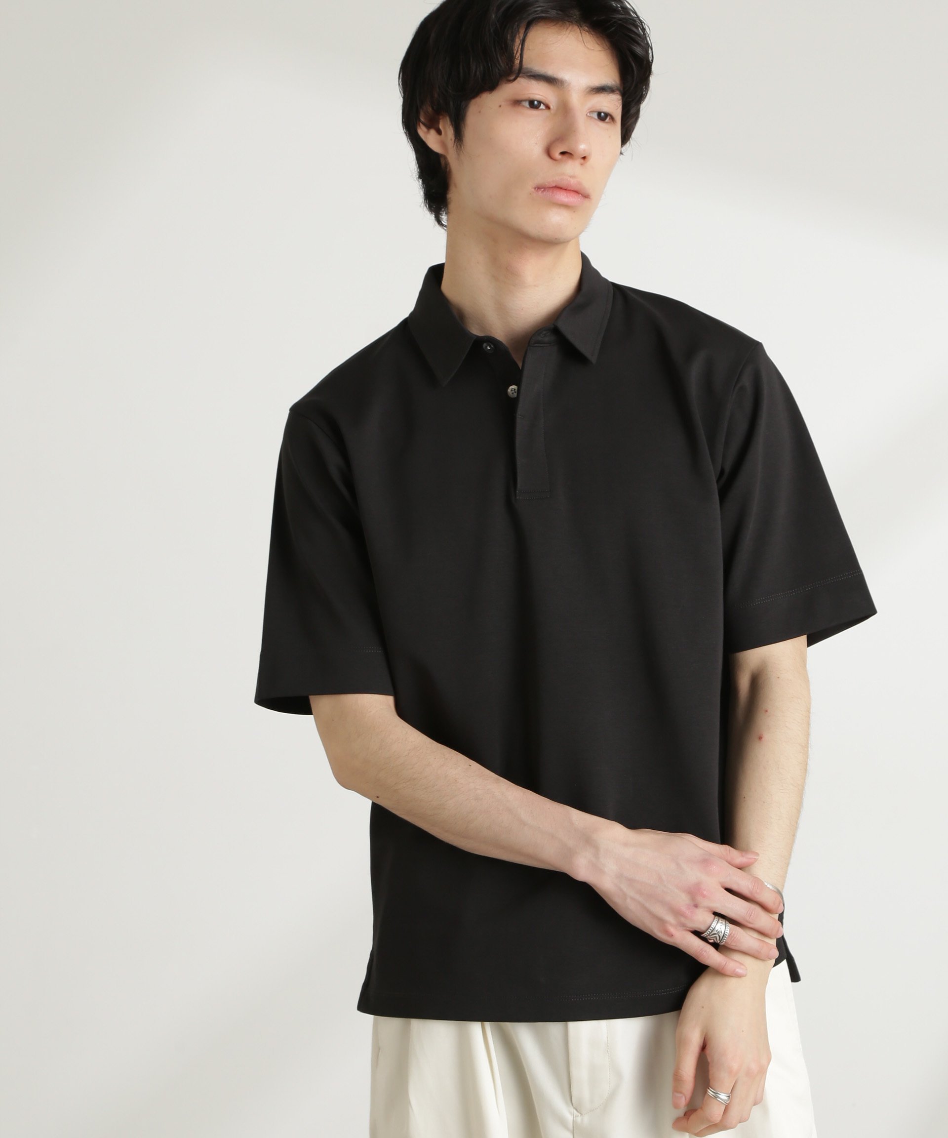 NANO universe ダブルスムース比翼ポロ ナノユニバース トップス カットソー・Tシャツ グレー ブラック カーキグリーン ホワイト