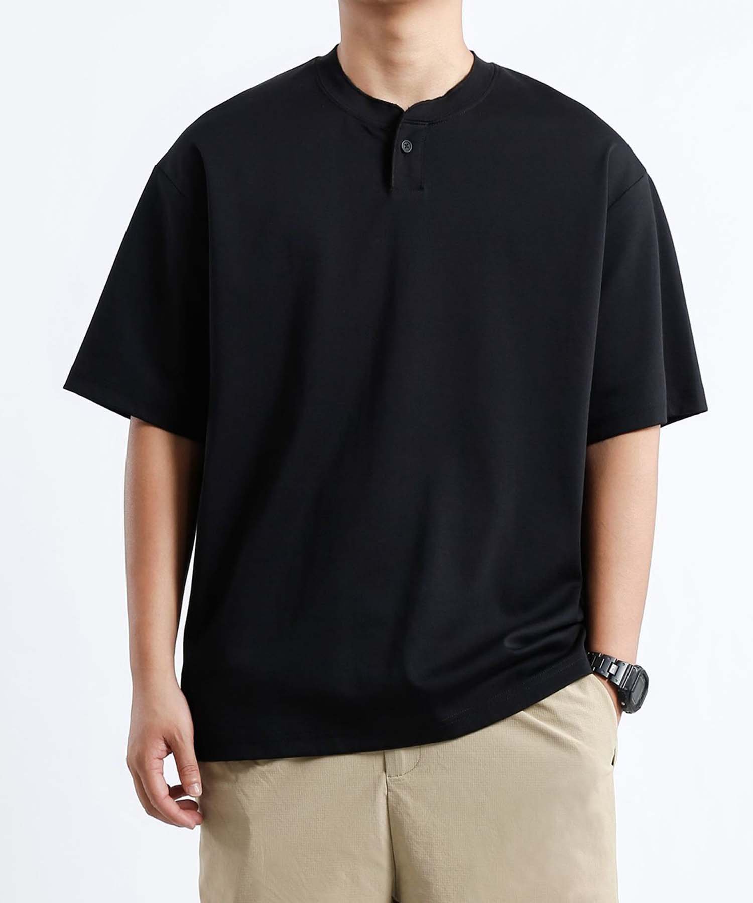 aimoha MEN/シンプルヘンリーネックシャツ アイモハ トップス シャツ・ブラウス ベージュ ブラック