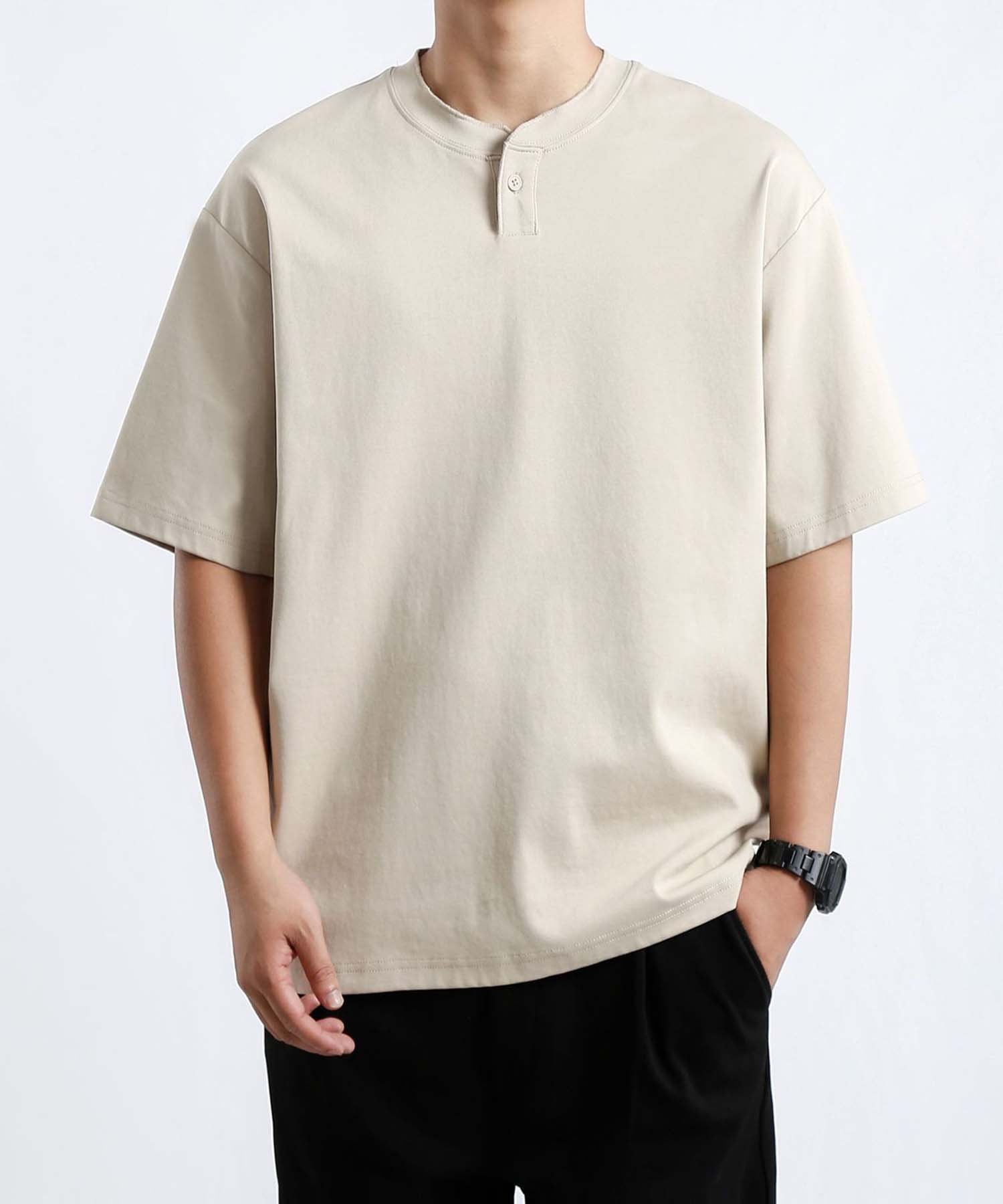 aimoha MEN/シンプルヘンリーネックシャツ アイモハ トップス シャツ・ブラウス ベージュ ブラック