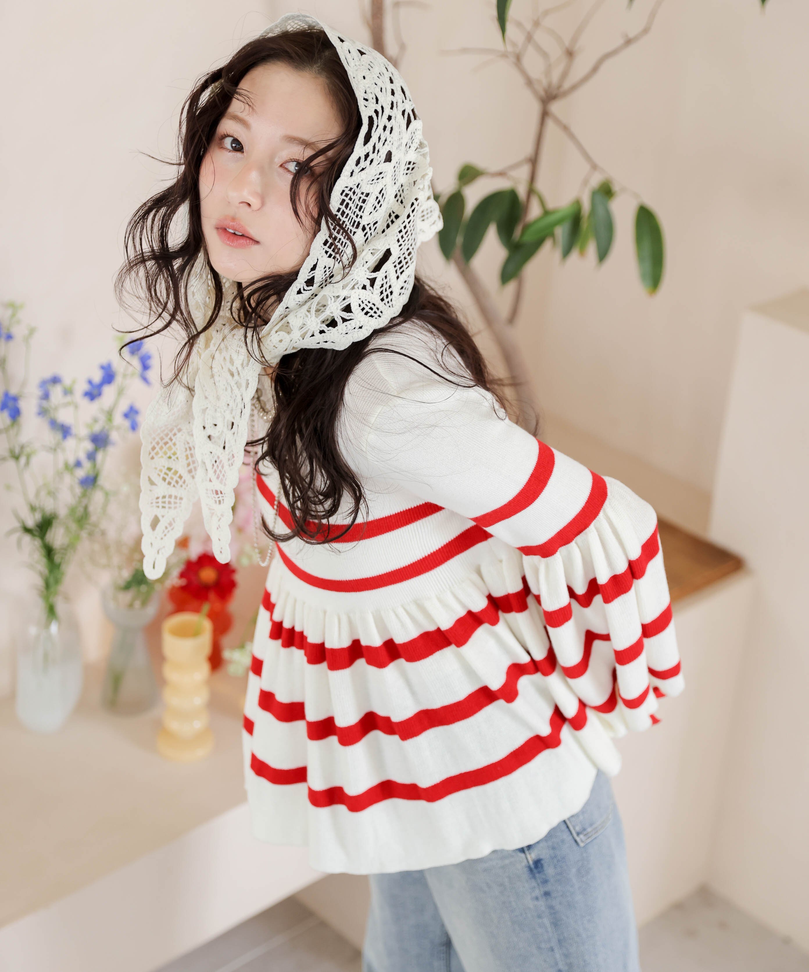 La-gemme ボーダー*ティアード ペプラムトップス ラジュール トップス ニット グリーン レッド ブルー ブラック