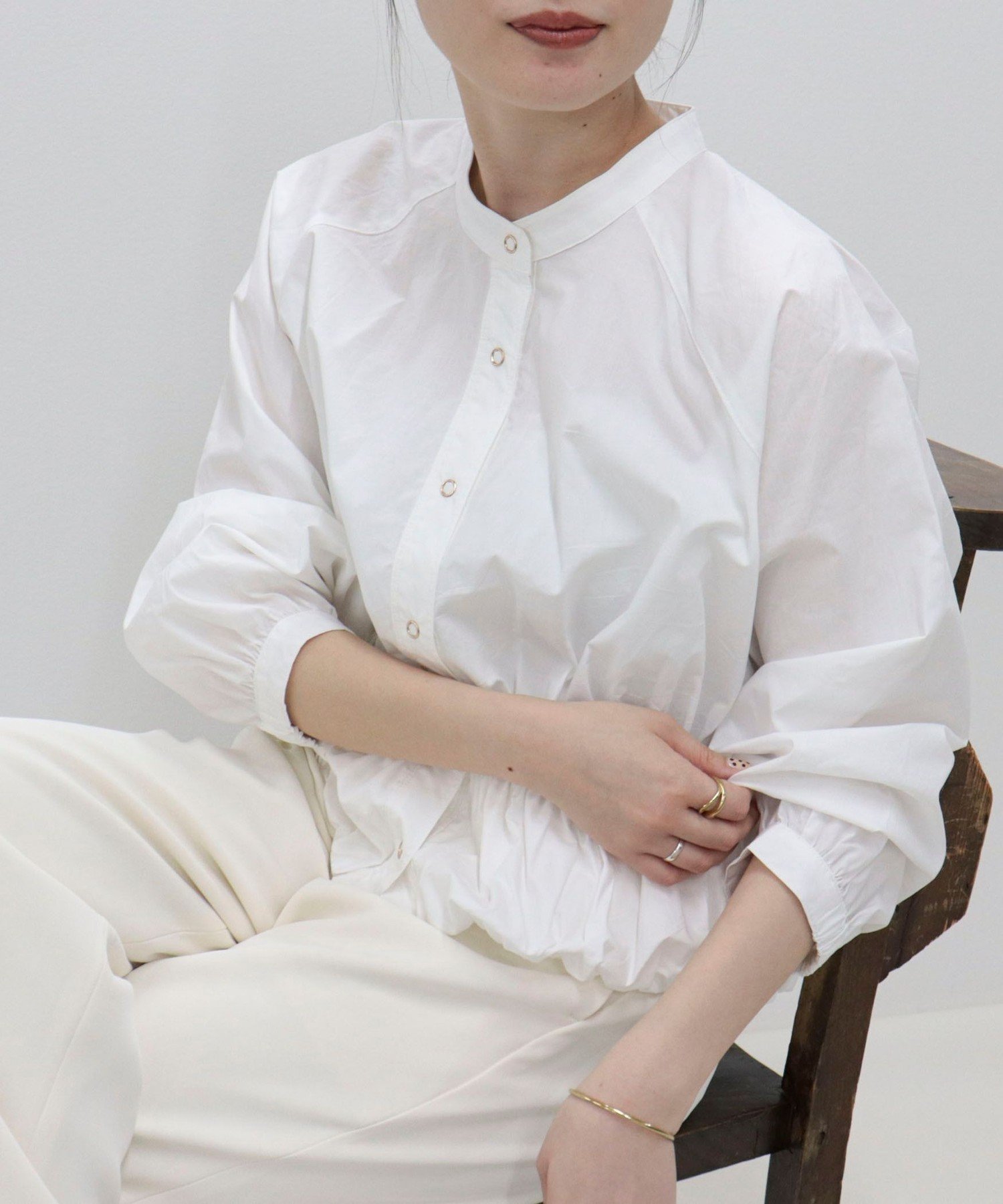 【SALE／50%OFF】fredy emue クロップドバルーン前開きブラウス フレディ アンド グロスター トップス シャツ・ブラウス ホワイト ブルー カーキグリーン ネイビー【送料無料】