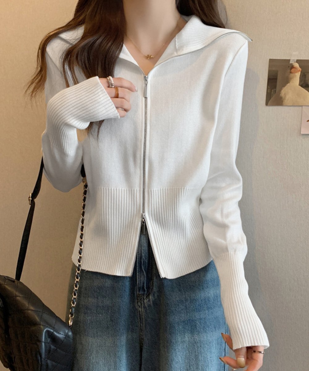 【SALE／35%OFF】miniministore ダブルジップ 薄手 ニットカーディガン ミニミニストア トップス カーディガン グレー ブラウン ブラック ホワイト