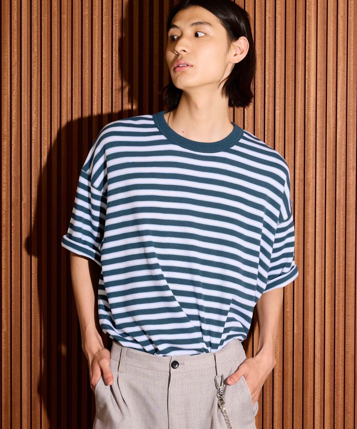 LAKOLE ハニカムワッフルボーダーT ラコレ トップス カットソー・Tシャツ ホワイト オレンジ ブラウン