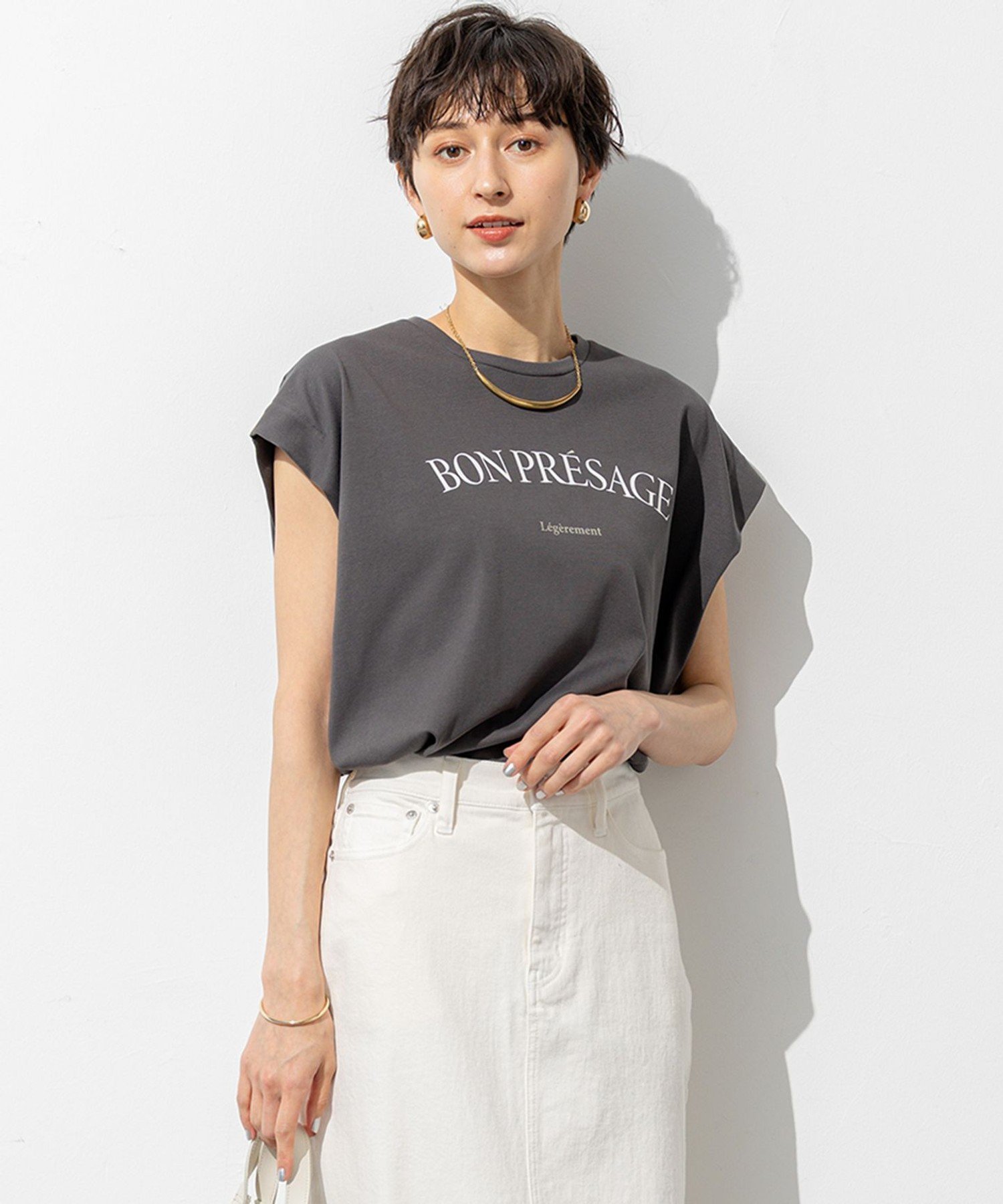 23区 L 【接触冷感/洗える】BON-PRESAGE ロゴ フレンチスリーブ Tシャツ ニジュウサンク トップス カットソー・Tシャツ グレー ホワイト