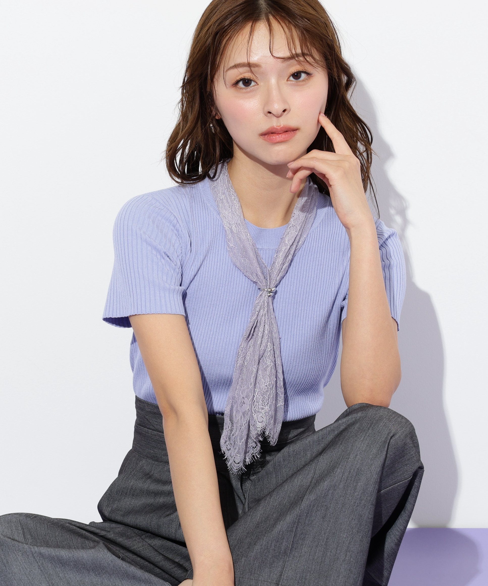 JILL by JILL STUART レーススカーフ付ニットトップス ジル バイ ジル スチュアート トップス ニット ブルー ホワイト ピンク