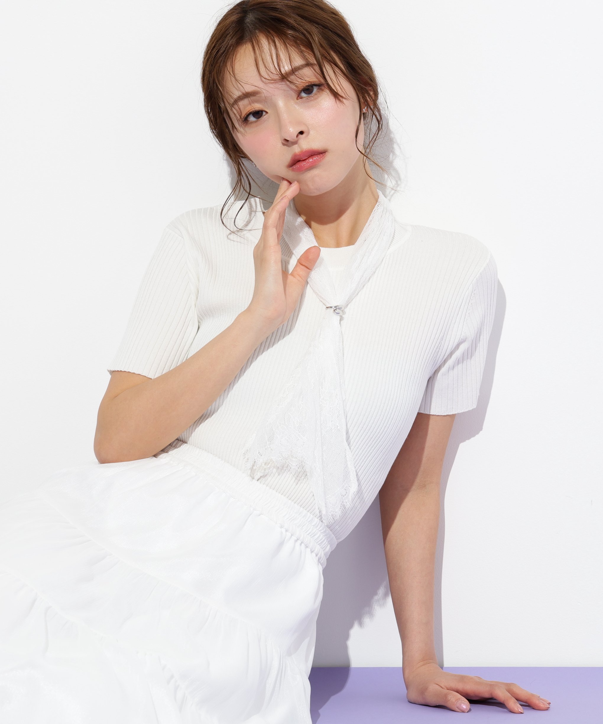 JILL by JILL STUART レーススカーフ付ニットトップス ジル バイ ジル スチュアート トップス ニット ブルー ホワイト ピンク