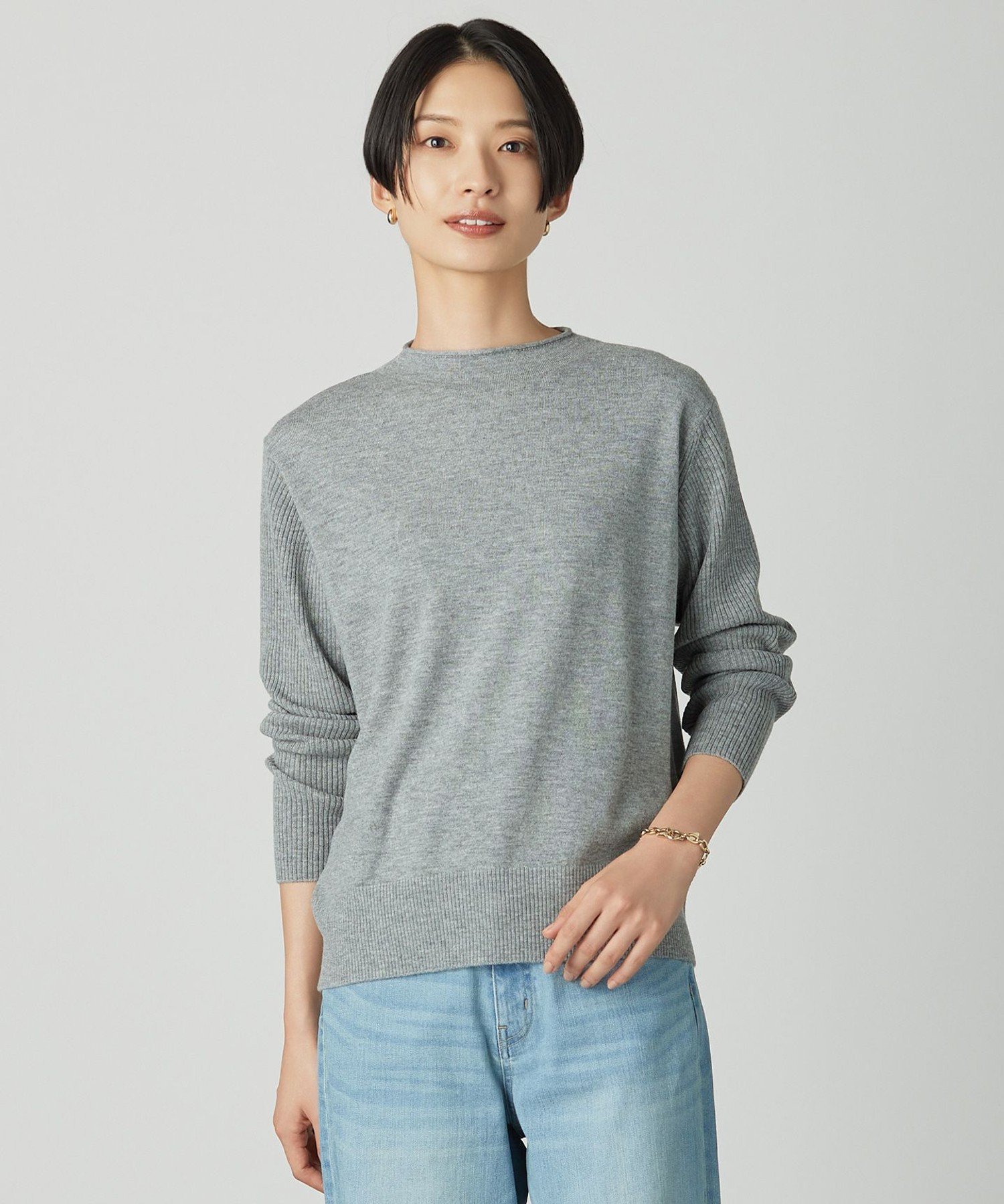 J.PRESS LADIES L SOFT TOUCH WOOL 立ち襟 ニット ジェイプレス トップス ニット イエロー グレー