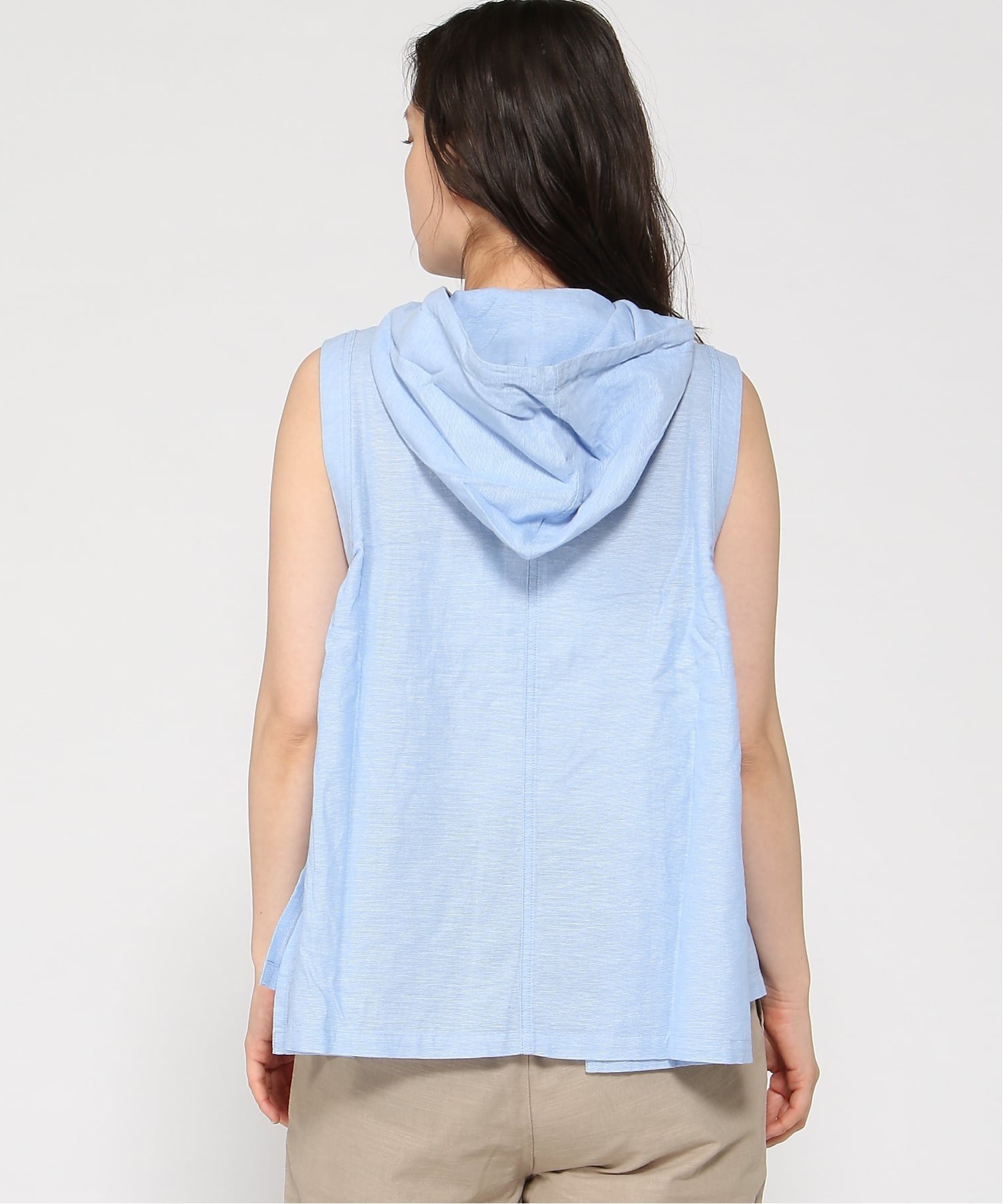 cloudnine cloudnine/パナマ織 フード付き前開きベスト 麻混素材 軽やか羽織り クラウドナイン トップス ベスト・ジレ ブルー【送料無料】