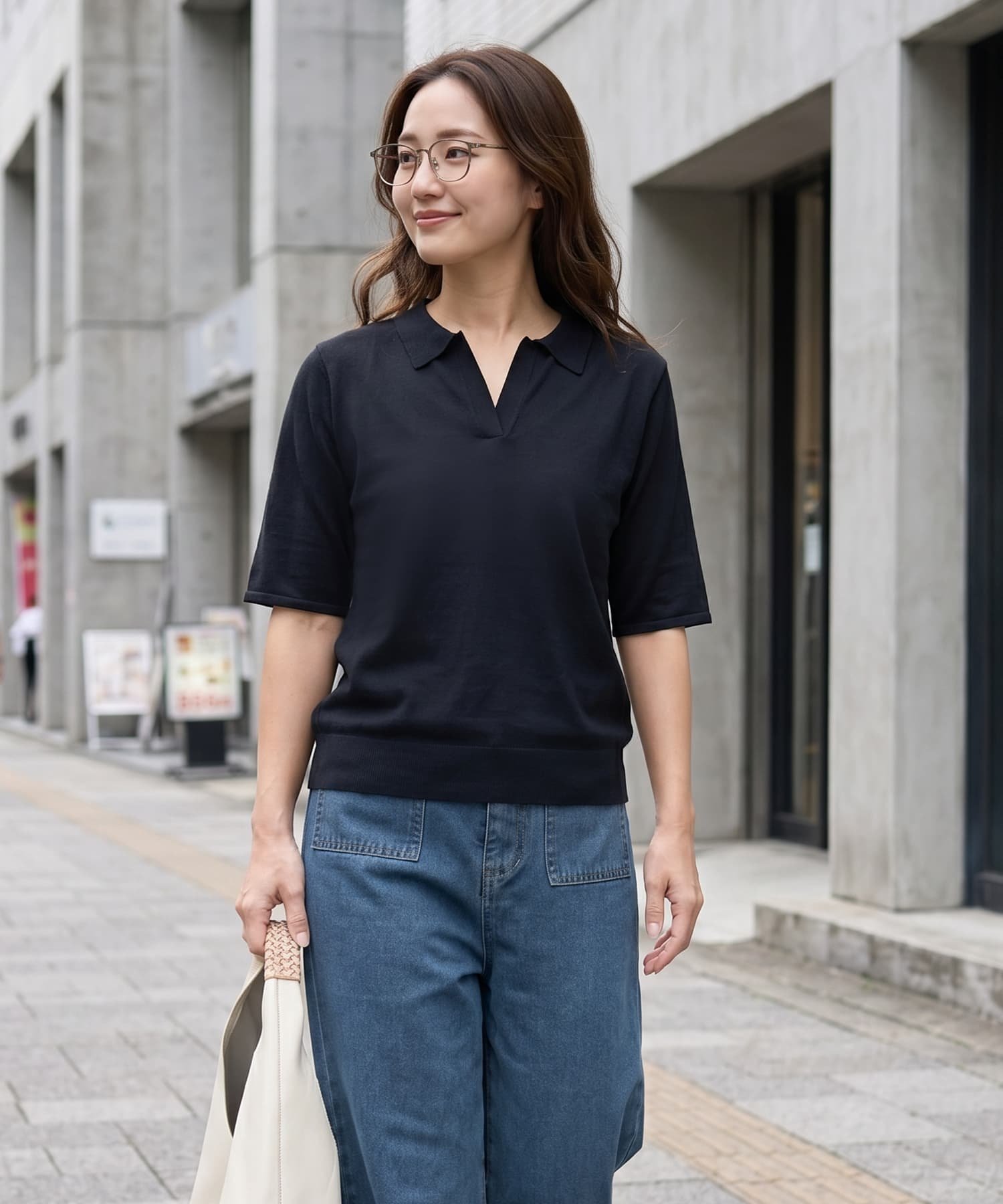 STYLE DELI 薄手シャリ感スキッパーニットトップス スタイルデリ トップス ニット ベージュ ブルー ブラック ホワイト