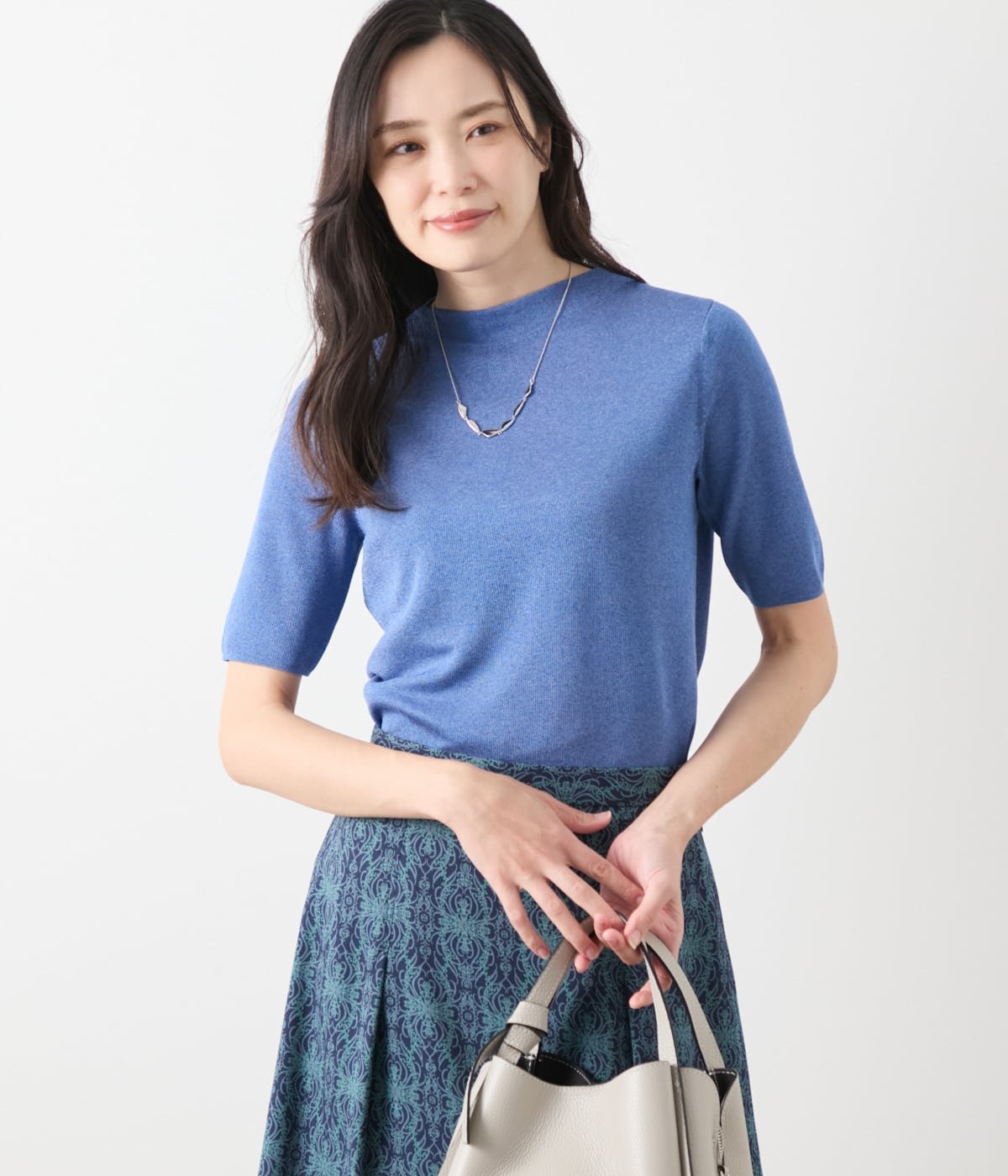 NEWYORKER WOMEN L-SIZE 【L】ヴィスコースポリエステル ビルドネック5分袖プルオーバー ニューヨーカー エルサイズ トップス ニット ホワイト ブルー