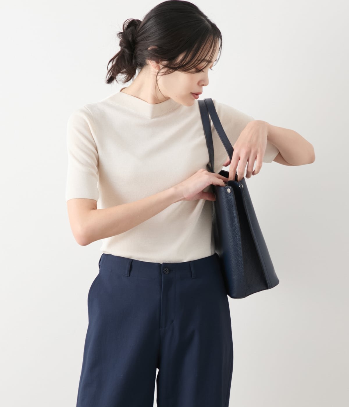 【SALE／50%OFF】NEWYORKER WOMEN L-SIZE 【L】ヴィスコースポリエステル ビルドネック5分袖プルオーバー ニューヨーカー エルサイズ トップス ニット ホワイト ブルー【送料無料】