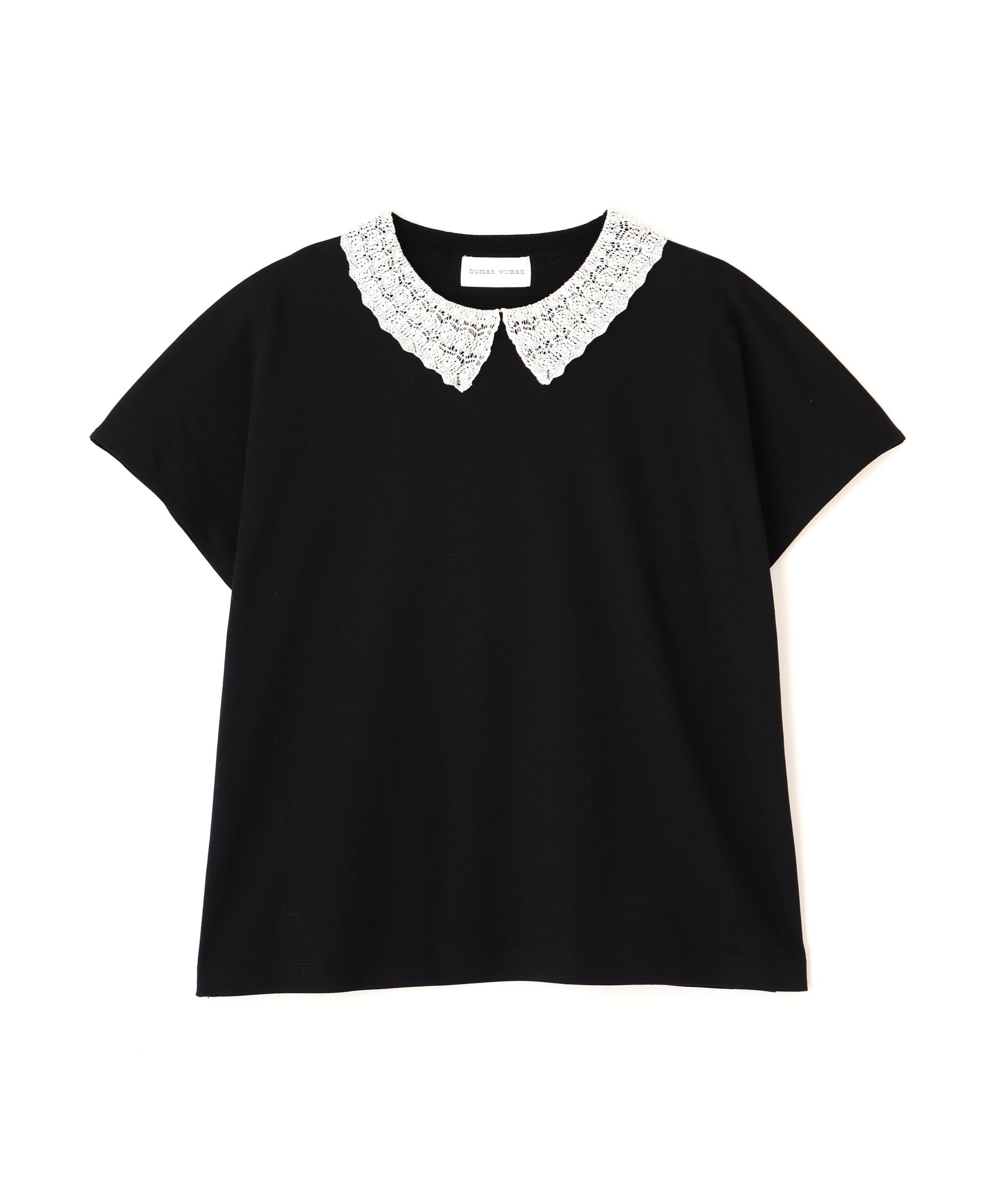 human woman ◆《洗える》 レース衿スムースTシャツ ヒューマン ウーマン トップス カットソー・Tシャツ グレー ブラック