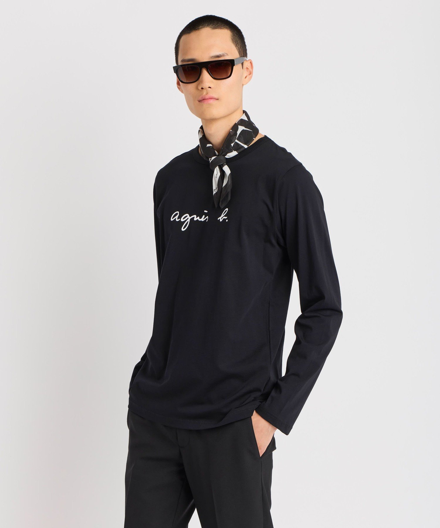 agnes b. HOMME メンズ ロゴ コットン 長袖 Tシャツ "Coulos" アニエスベー トップス カットソー・Tシャツ ブラック【送料無料】