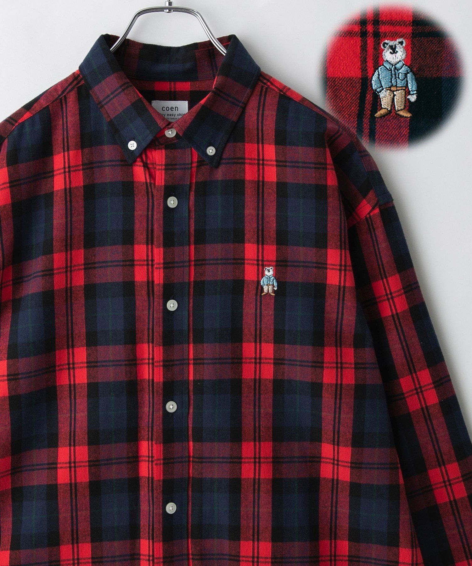 coen ワンポイントベア刺繍チェックシャツ コーエン トップス シャツ・ブラウス レッド グリーン【送料無料】