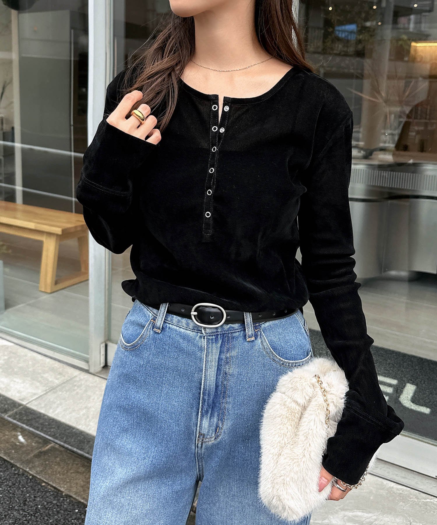 andme ベロア チュール ヘンリーネック 長袖 トップス アンドミー トップス カットソー・Tシャツ ブラック ホワイト グレー ブラウン【送料無料】のサムネイル