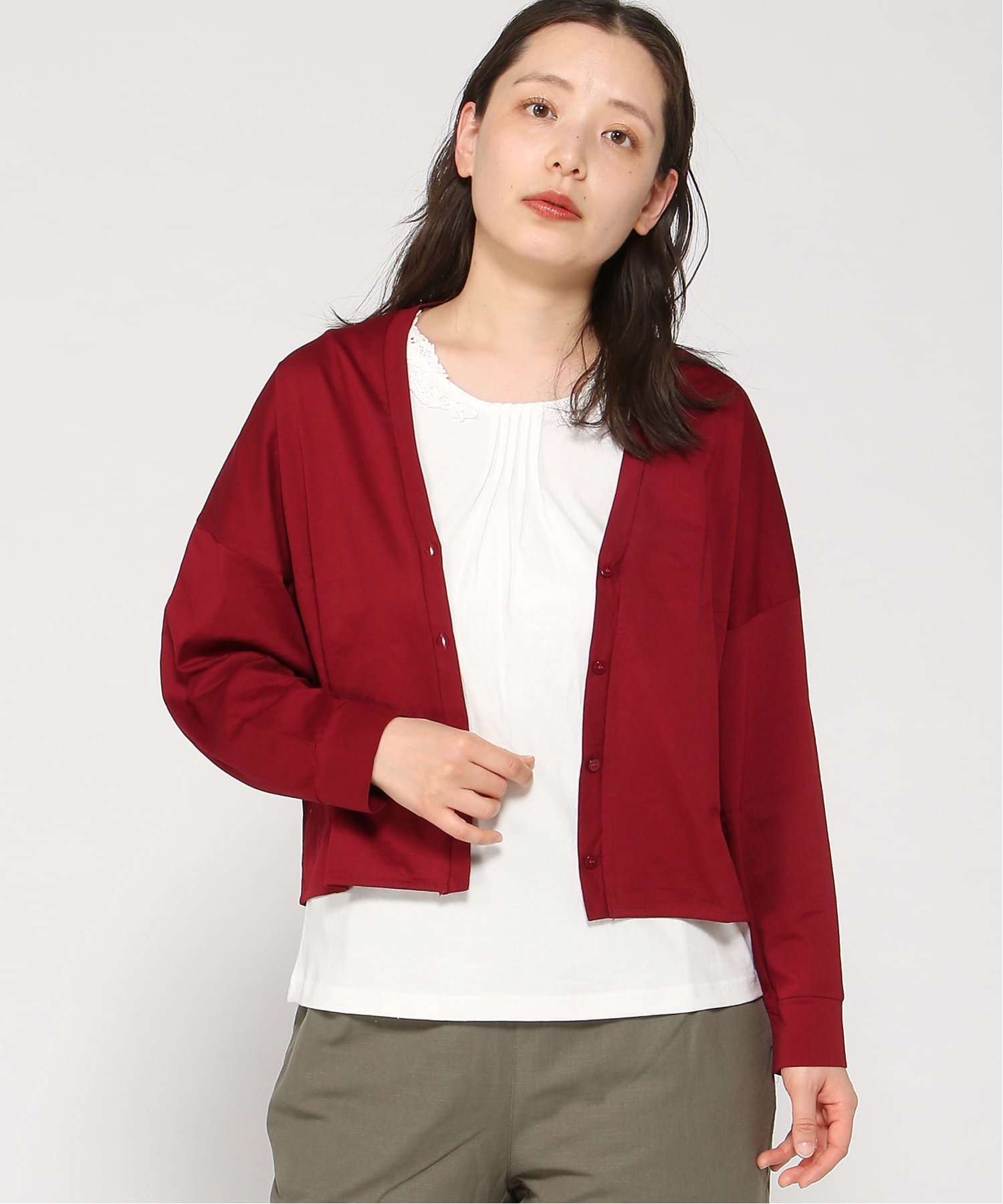 cloudnine/シルケット加工 60コットンシアー天竺 ドルマン袖カーディガン クラウドナイン トップス カットソー・Tシャツ レッド ブラウン グレー ブラック