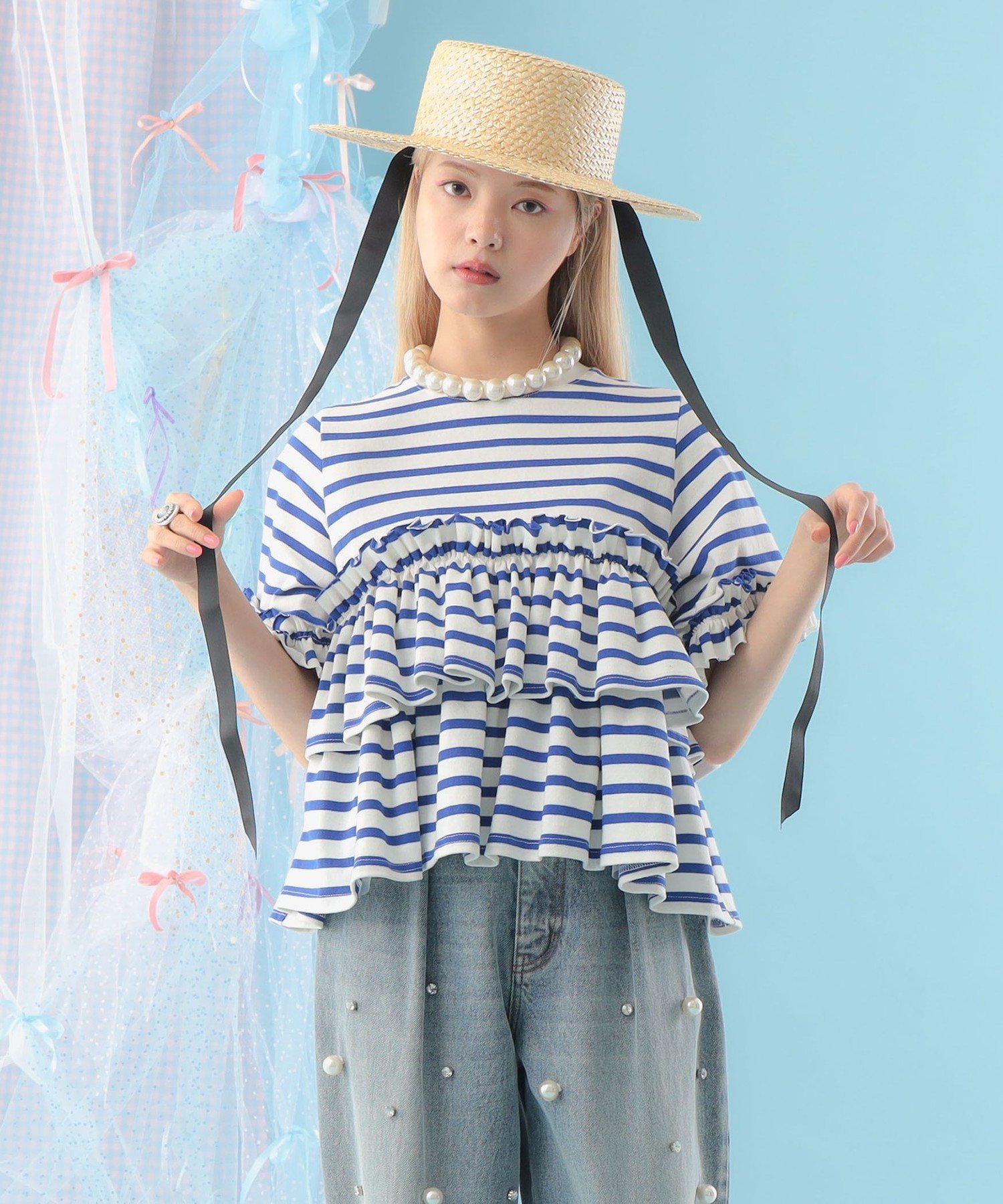 CAROLINA GLASER ボーダー フリルカットソー 旅行 主役トップス 映え 大人ガーリー カロリナ グレイサー トップス カットソー・Tシャツ ブルー ブラック【送料無料】