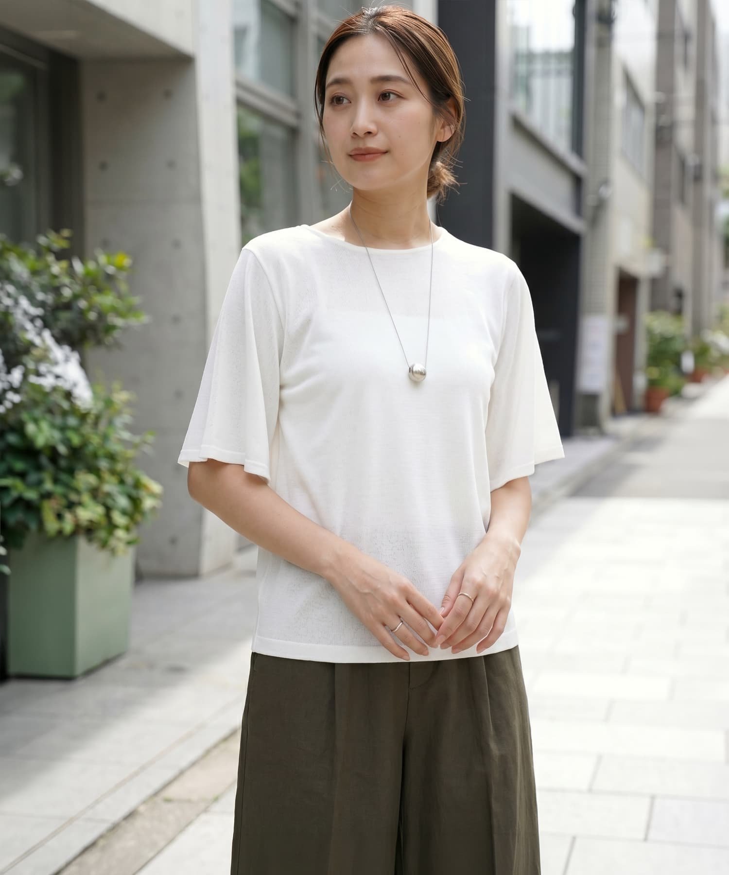 STYLE DELI 薄手シャリ感フレアスリーブトップス スタイルデリ トップス カットソー・Tシャツ ホワイト