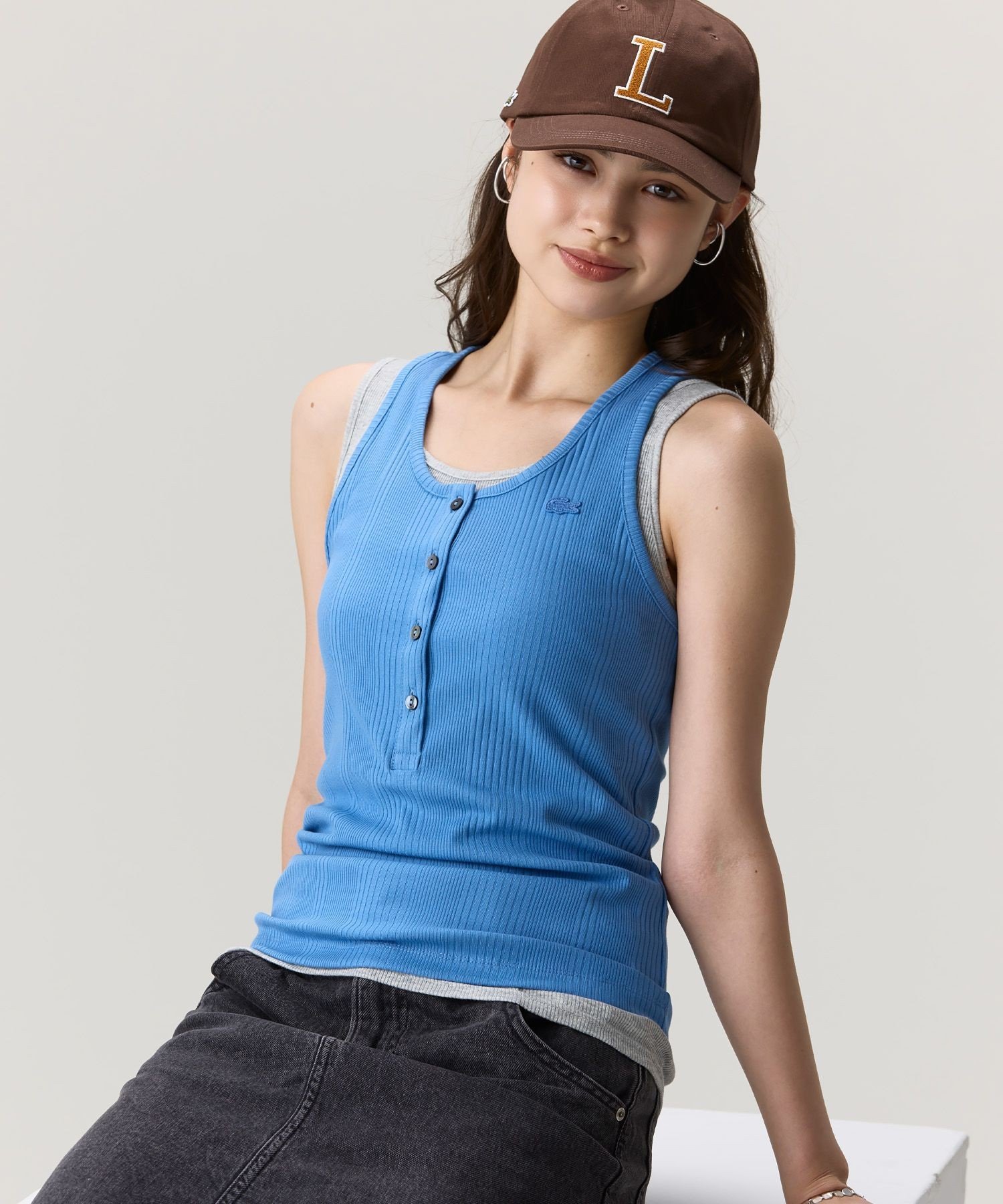 【SALE／40%OFF】LACOSTE フロントボタン ランダムピッチリブニットタンクトップ ラコステ トップス ノースリーブ・タンクトップ オレンジ【送料無料】