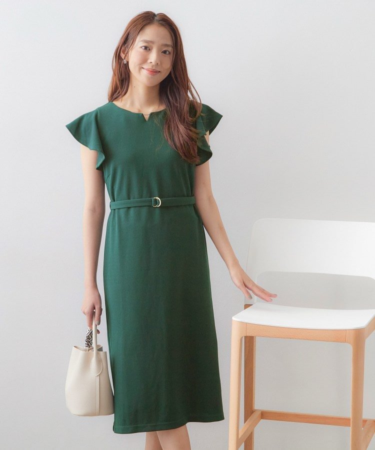 index 【接触冷感/吸水速乾】キーネックフレアスリーブワンピース《UV/洗濯機OK/ストレッチ》 インデックス ワンピース・ドレス その他のワンピース・ドレス ブルー グリーン ベージュ ブラック ネイビー【送料無料】