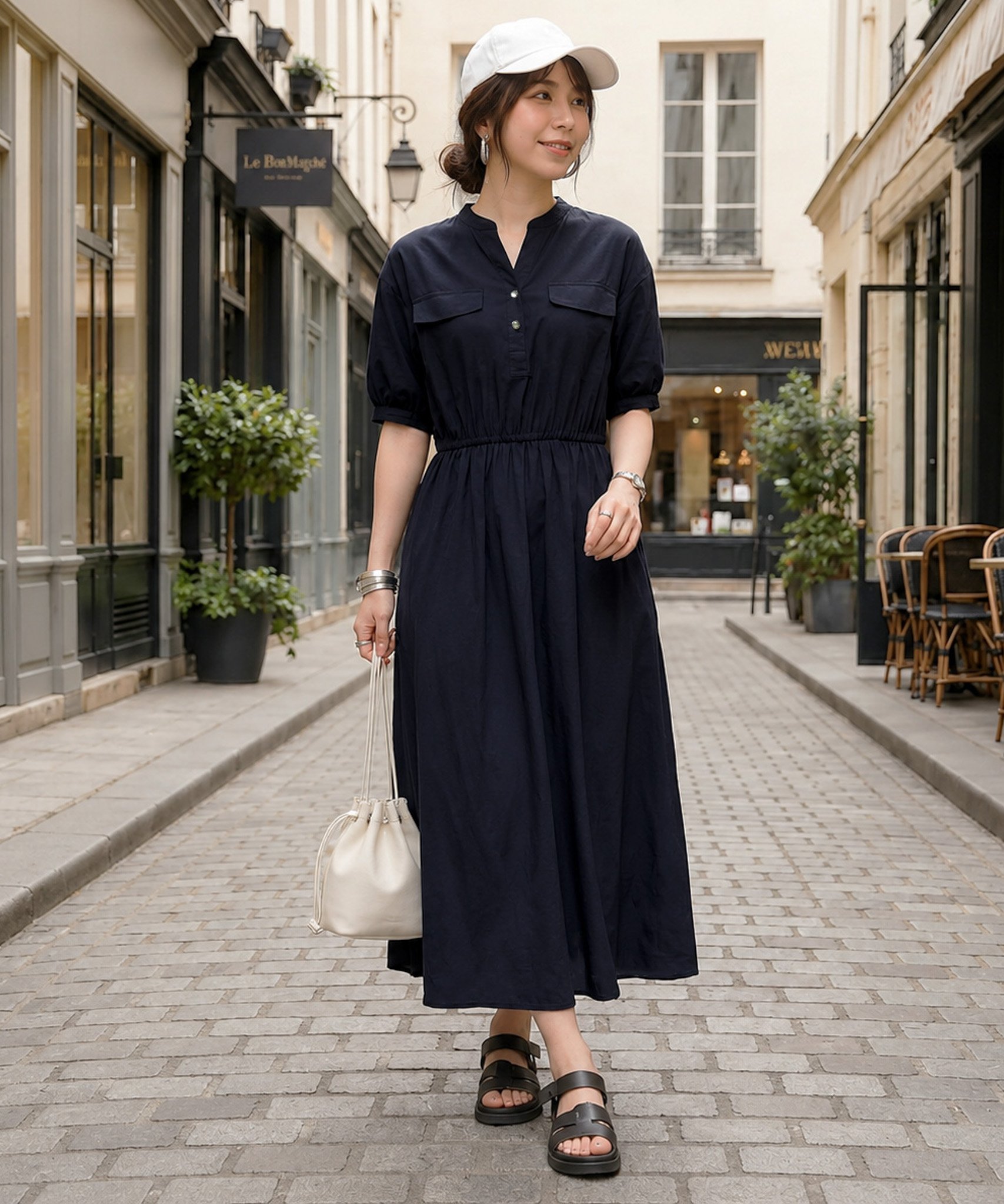 La-gemme スキッパーロングワンピース ラジュール ワンピース・ドレス ワンピース ネイビー グレー