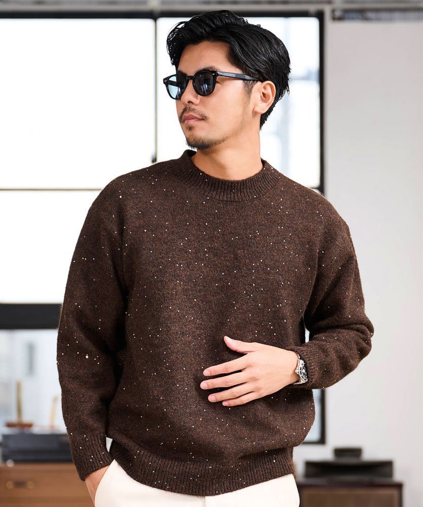 CavariA CavariA スパンコールニットクルーネック シルバーバレット トップス ニット ブラウン グレー..