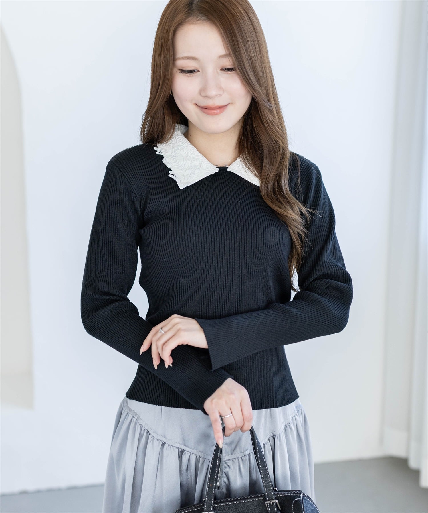 【SALE／28%OFF】clear レース襟付きニットトップス クリア トップス ニット ブラック