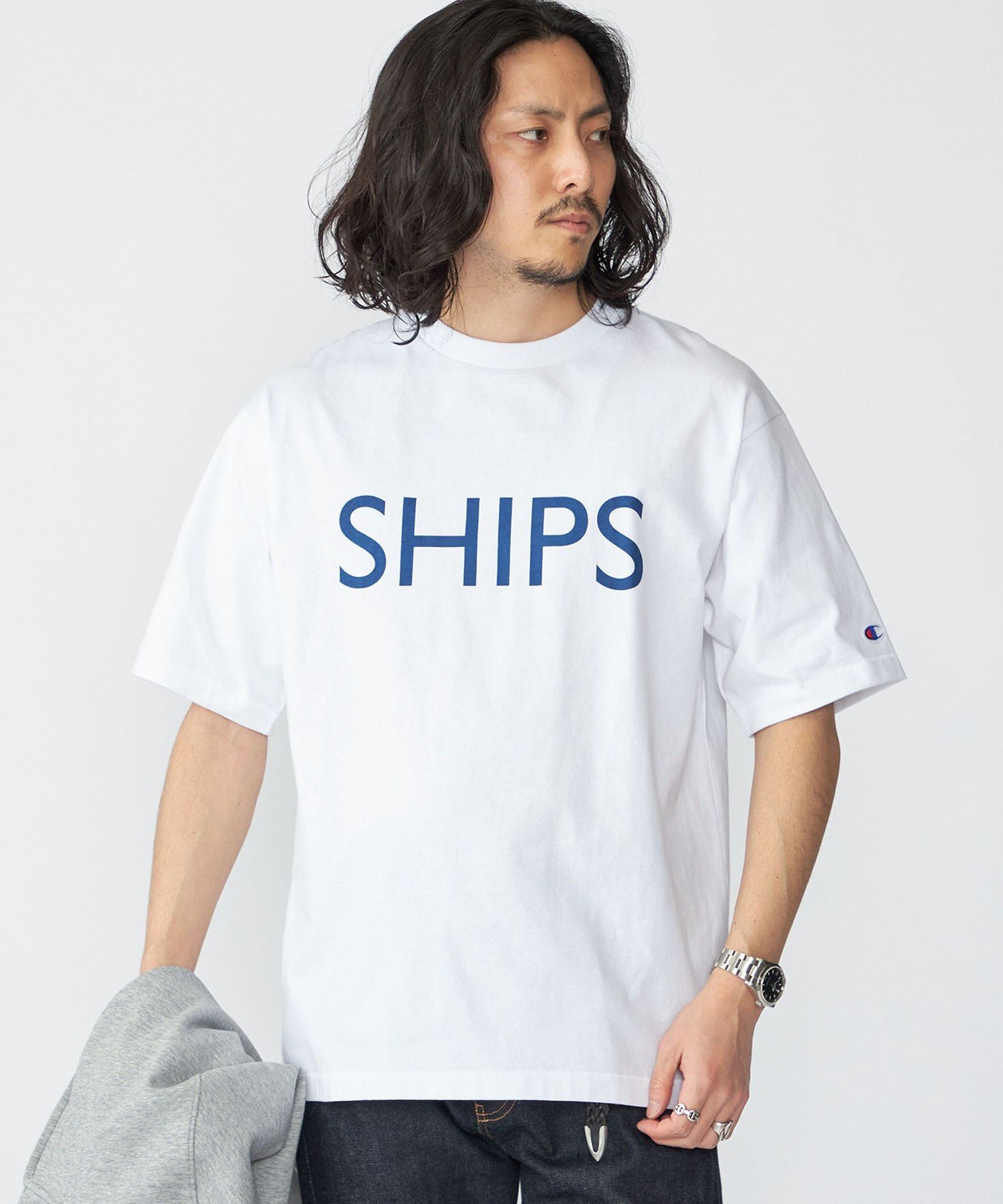 【SALE／40%OFF】SHIPS MEN 【SHIPS別注】Champion: SHIPS ロゴ プリント Tシャツ シップス トップス カットソー・Tシャツ ネイビー グレー ブルー ホワイト【送料無料】