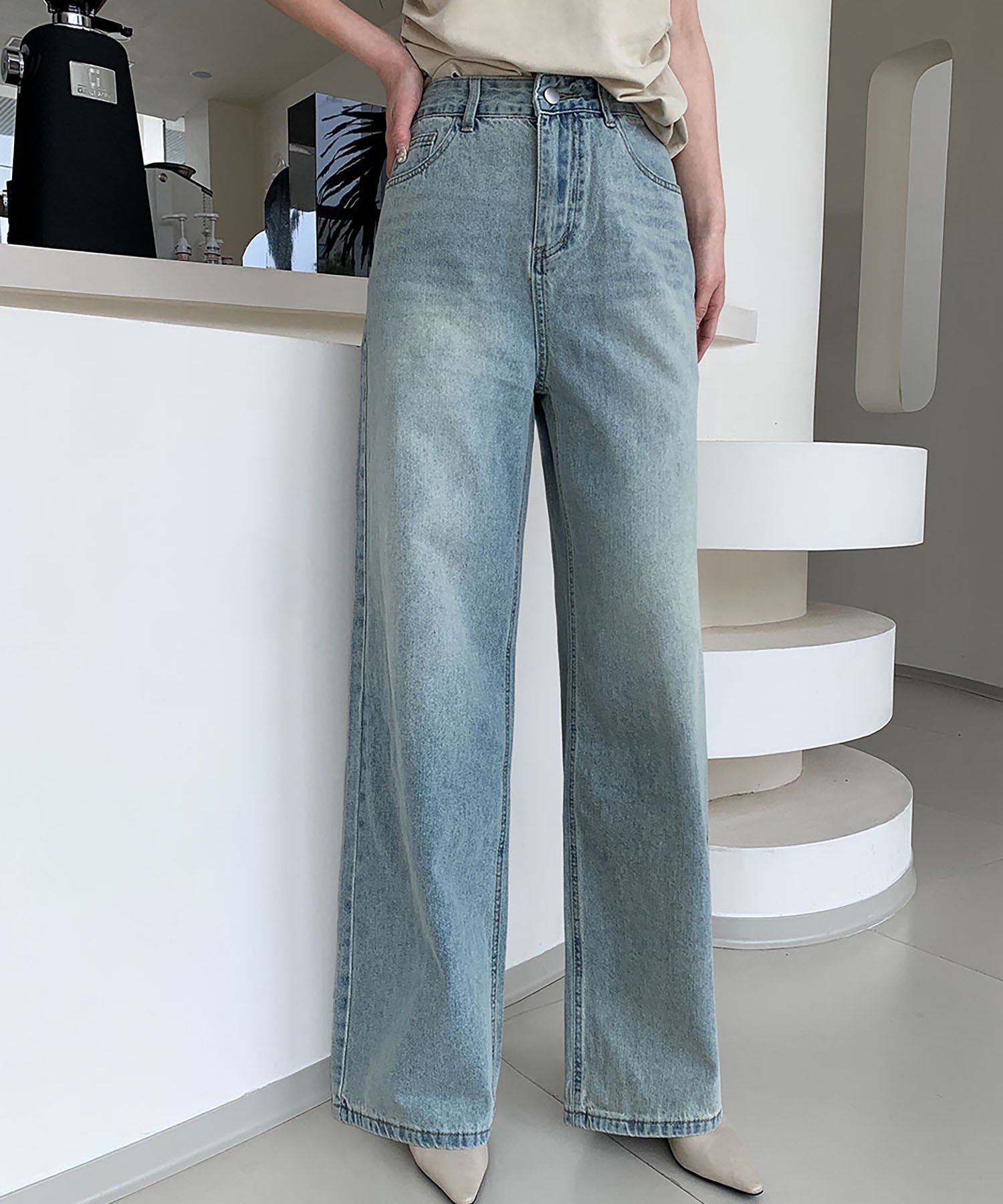 LOWO 綿混ハイウエストワイドデニムパンツ リバーフィールド アンド コー パンツ ジーンズ・デニムパンツ ブルー