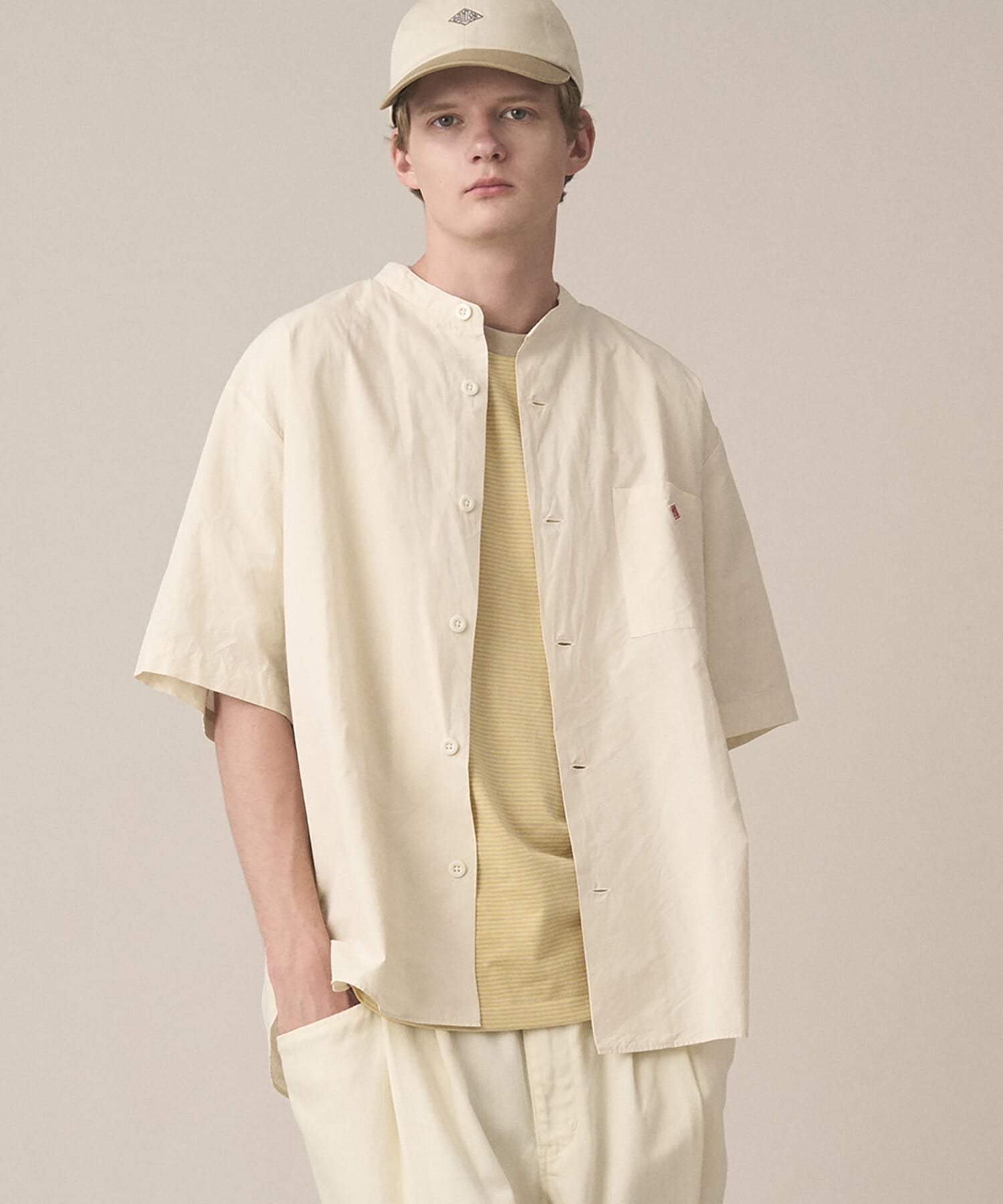 Bshop DANTON ｜ コットンリネンブロード バンドカラー半袖シャツ MEN ビショップ トップス シャツ・ブラウス グレー ホワイト【送料無料】