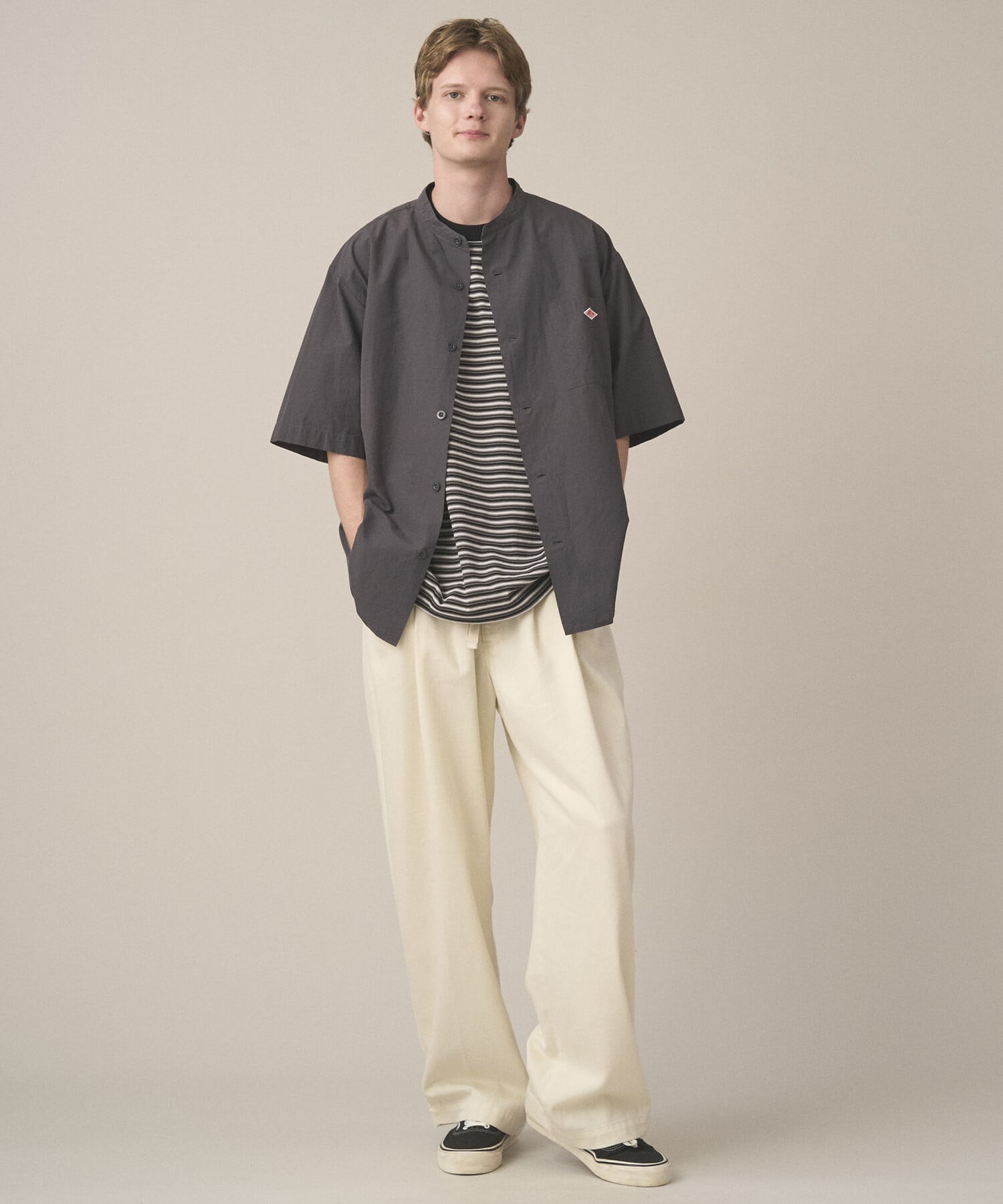 Bshop DANTON ｜ コットンリネンブロード バンドカラー半袖シャツ MEN ビショップ トップス シャツ・ブラウス グレー ホワイト【送料無料】