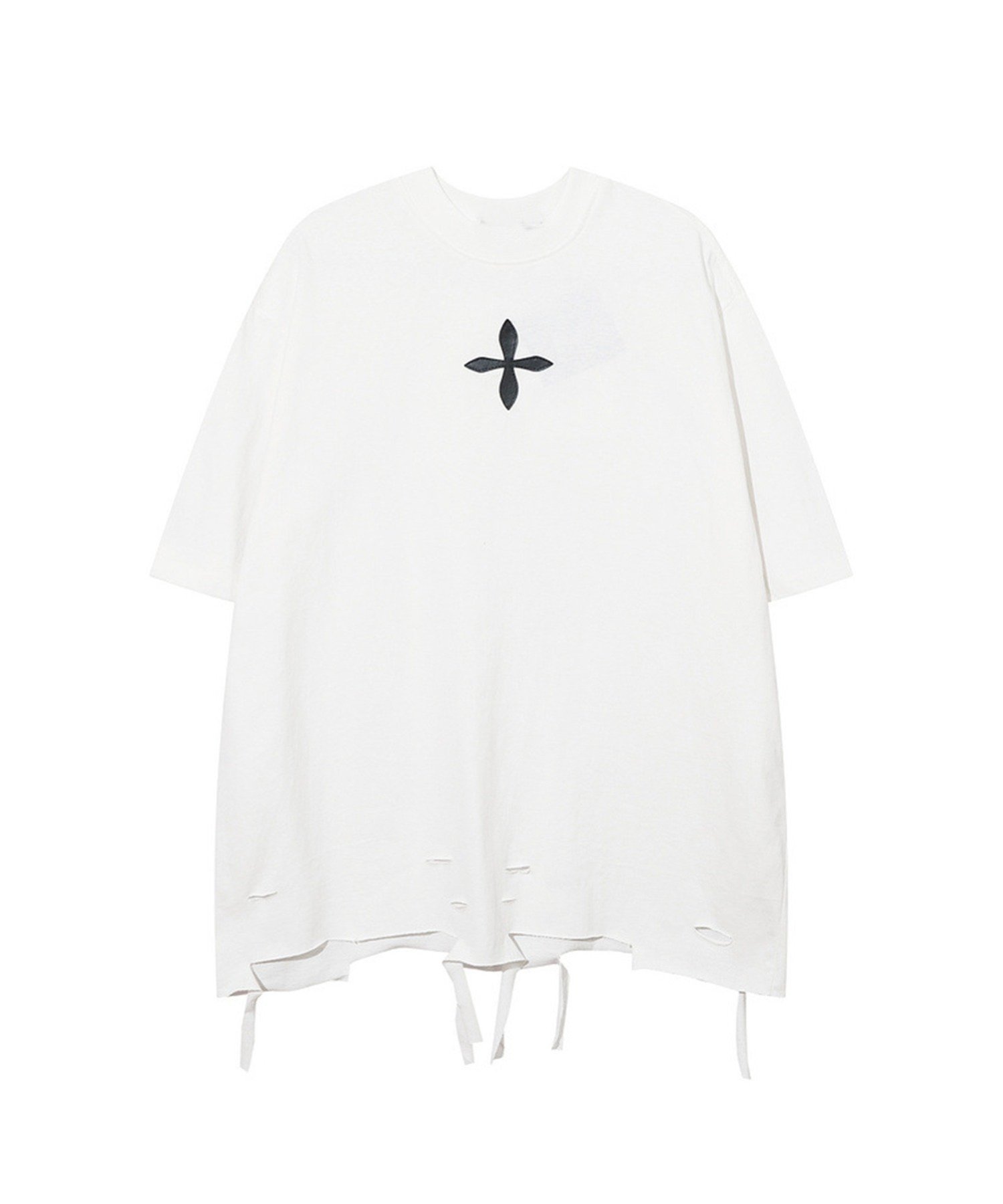 HOOK HOOK/(U)【HOOK】個性派十字架パッチダメージ裾ビッグTEE アイモハ トップス カットソー・Tシャツ ブラック ホワイト