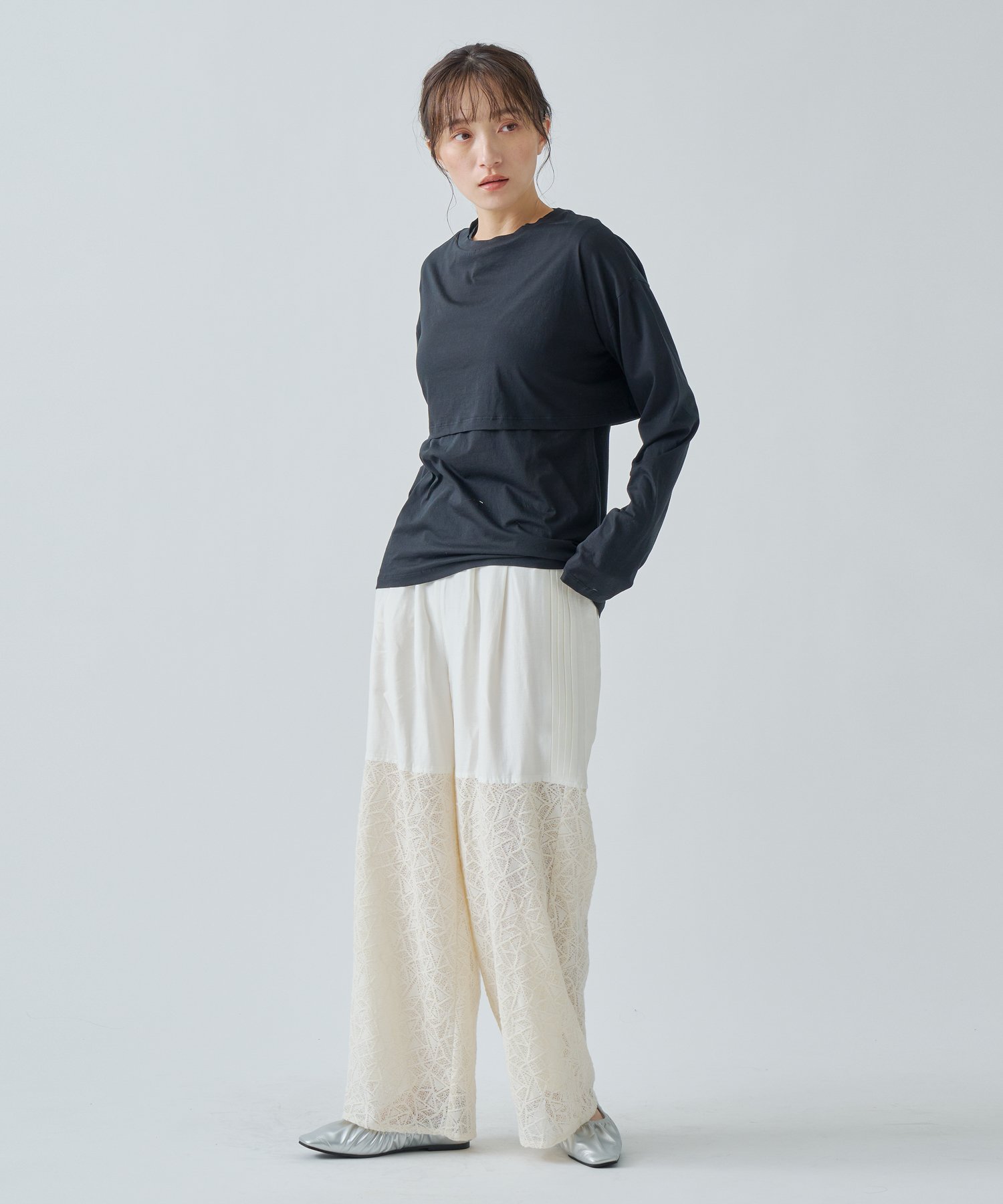 WHYTO. 「WHYTO. / ホワイト」 LACE COMBINATION PANTS ビーアパートメント パンツ その他のパンツ ホワイト ブラック