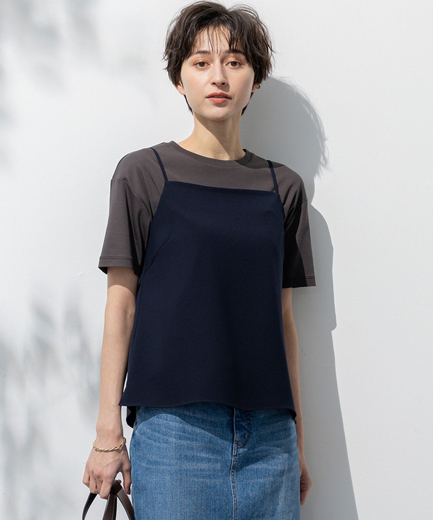 23区 L 【吸水速乾/UVカット/接触冷感】ストレッチジョーゼット キャミソール ニジュウサンク トップス カットソー・Tシャツ ネイビー ベージュ ブラック