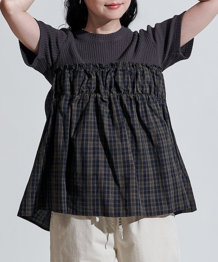 【SALE／10%OFF】FREAK'S STORE アーミーリブ チェック ドッキングTシャツ 25AW フリークスストア トップス カットソー・Tシャツ ブラウン グレー ホワイト【送料無料】のサムネイル