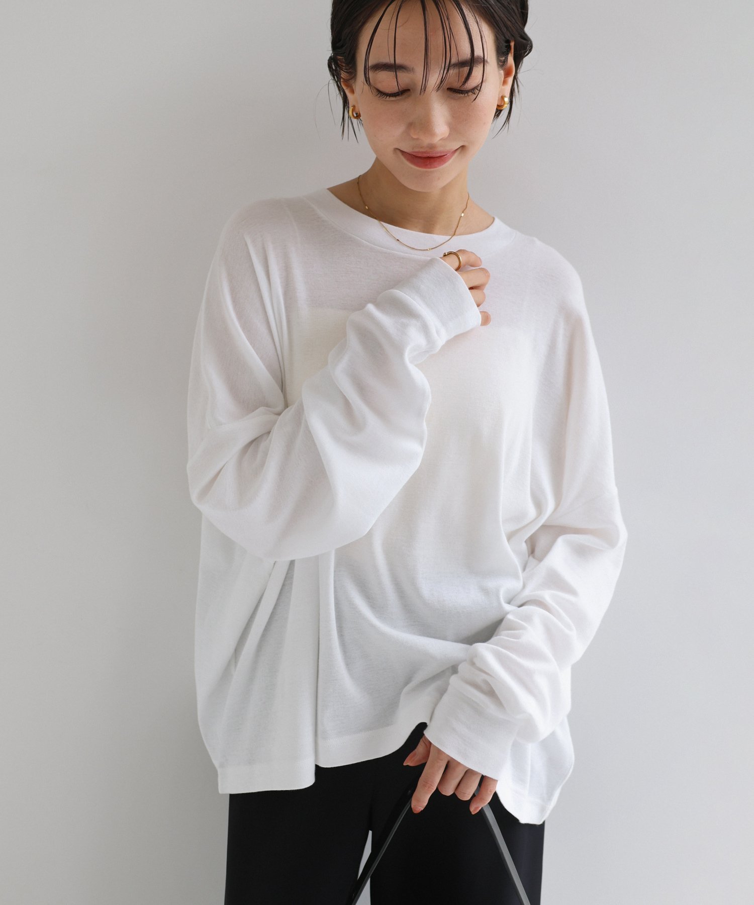 ソフトフライス 長袖 Tシャツ 《ミドル丈/ロング丈 》evernavy エバーネイビー アンドミー トップス カットソー・Tシャツ ブラウン ブラック ホワイト グレー