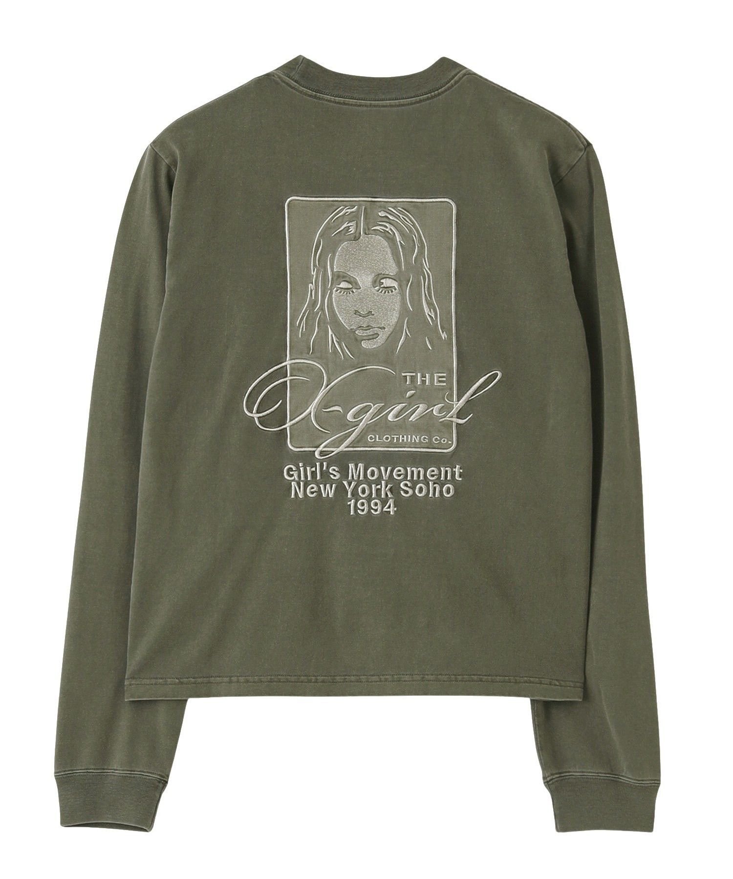 X-girl PIGMENT DYED FACE AND LOGO SQUARE PATCH L/S TEE エックスガール トップス カットソー・Tシャツ ピンク ブラック グリーン