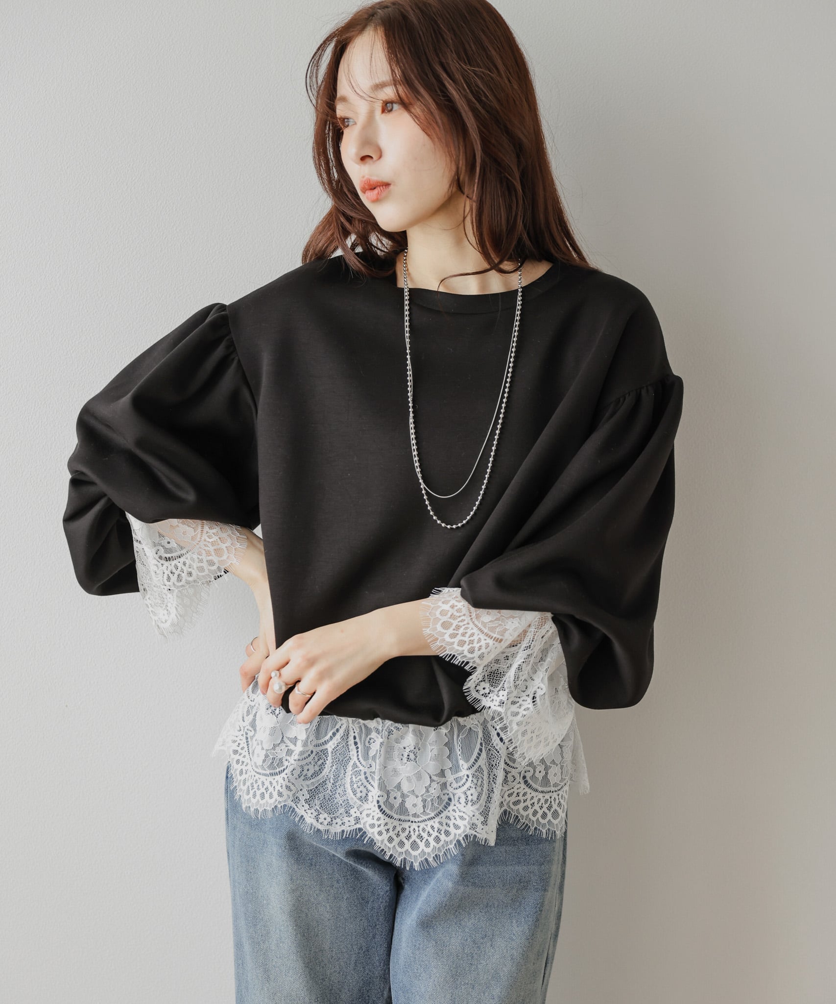 La-gemme レースデザイン プルオーバー ラジュール トップス カットソー・Tシャツ グレー ホワイト ブラック